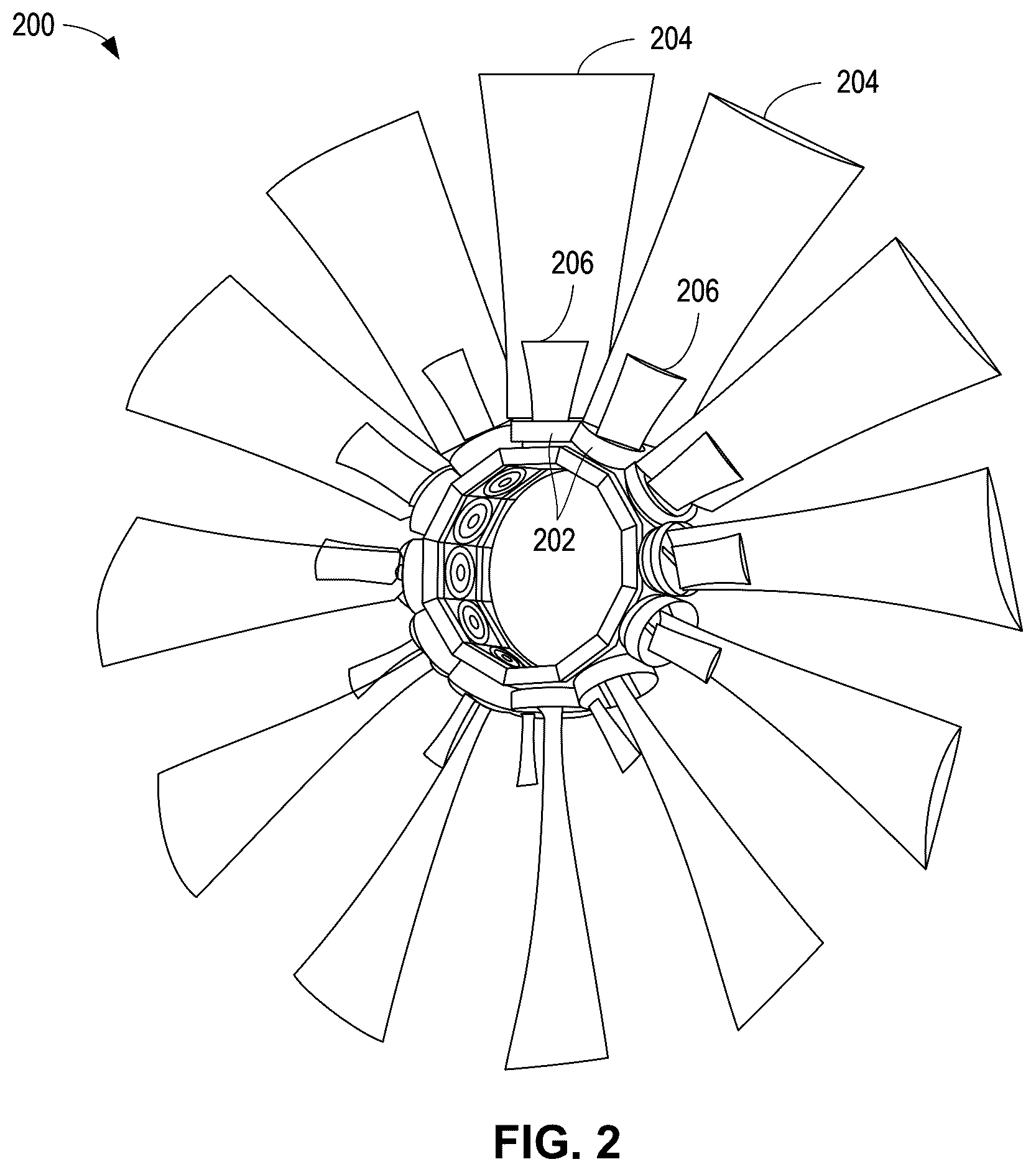 Patent US12618416 Figure 3 – Trunnions having multiple fan blades for use with an aircraft engine