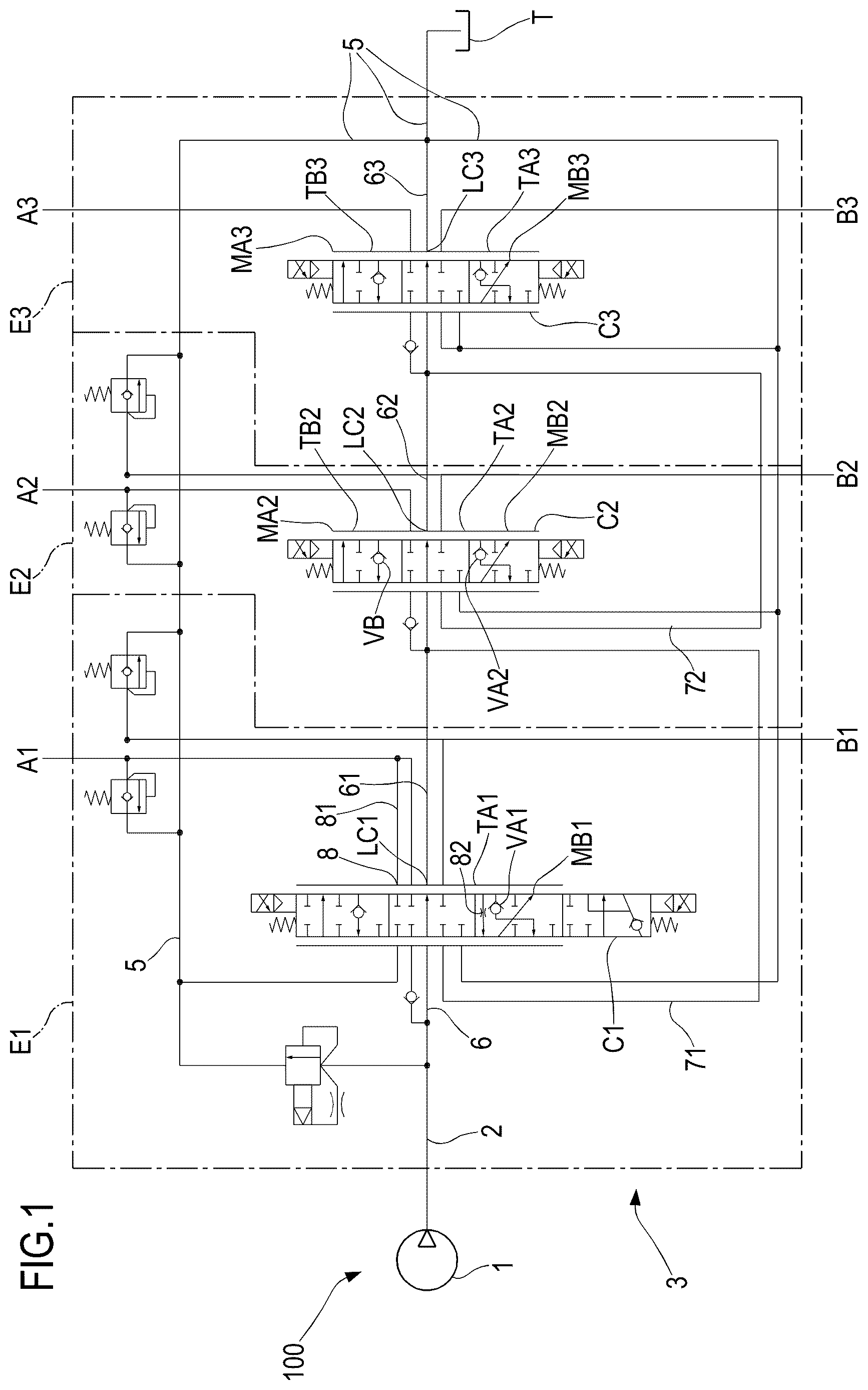 Patent US12618422 Figure 1 – Hydraulic distributor with compensation device for directional valves
