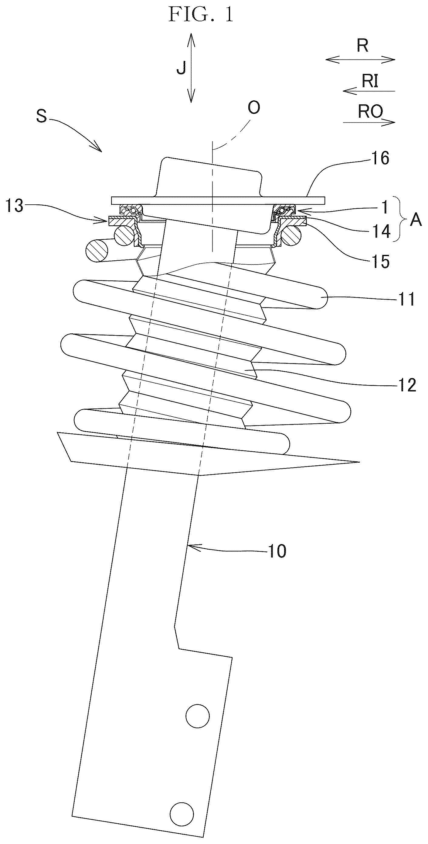 Patent US12618434 Figure 1 – Strut bearing device and vehicle strut suspension