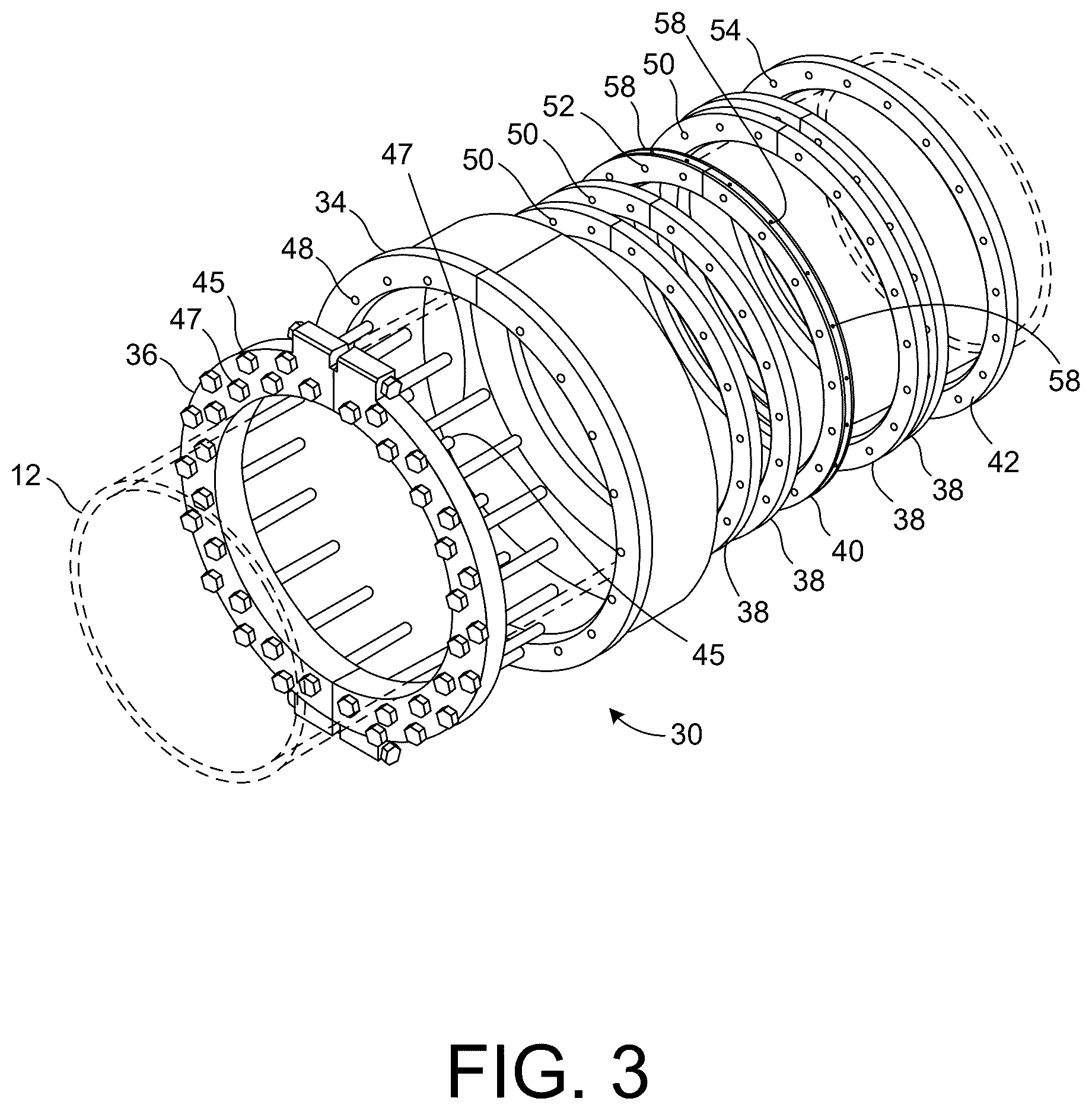 Patent US12618504 Figure 3 – Connector for subsea pipelines and risers, and repair of a pipeline or riser utilizing the connector