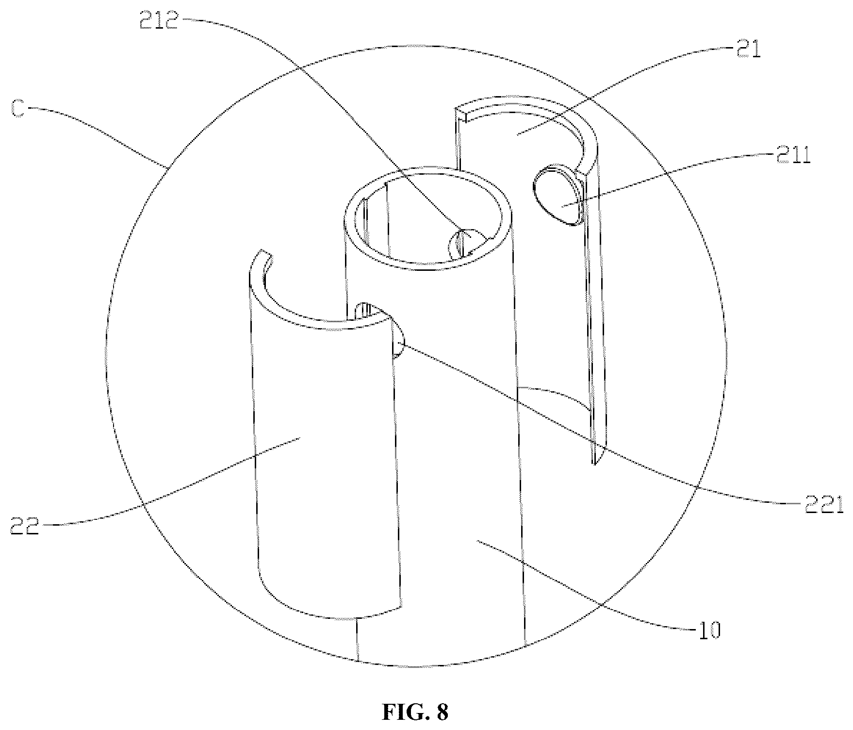 Patent US12618509 Figure 8 – Telescopic support foot and support frame