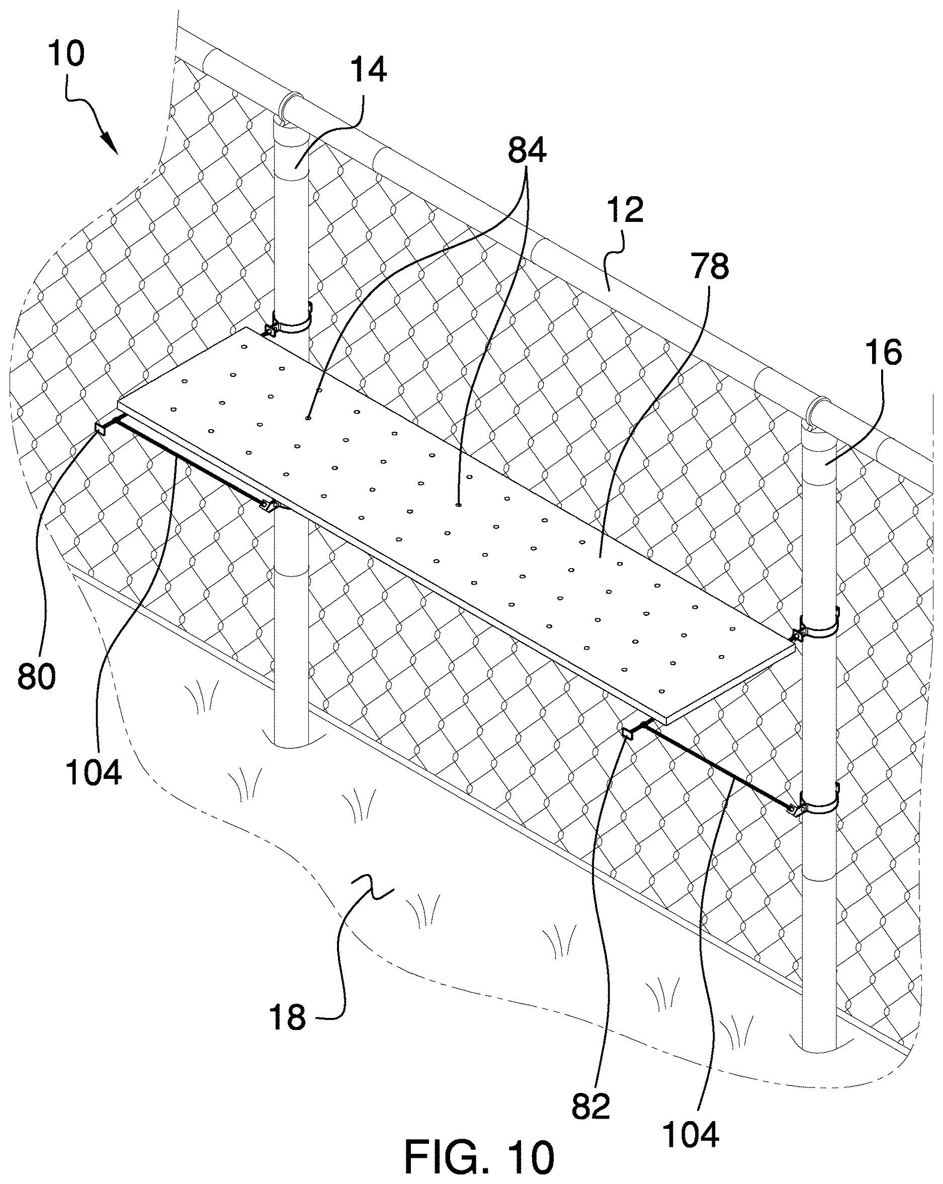 Patent US12618512 Figure 8 – Fence mounted shelving device