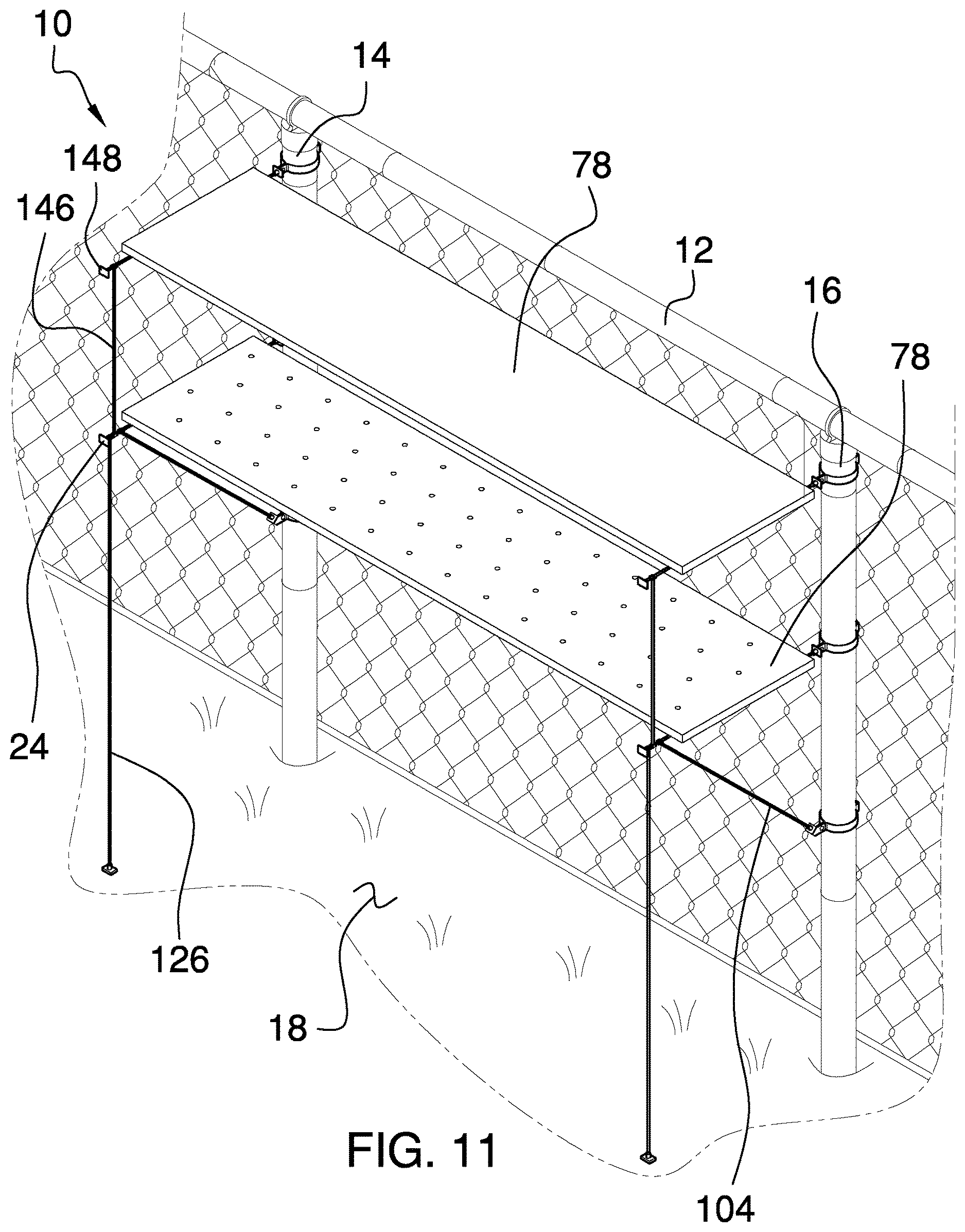 Patent US12618512 Figure 9 – Fence mounted shelving device