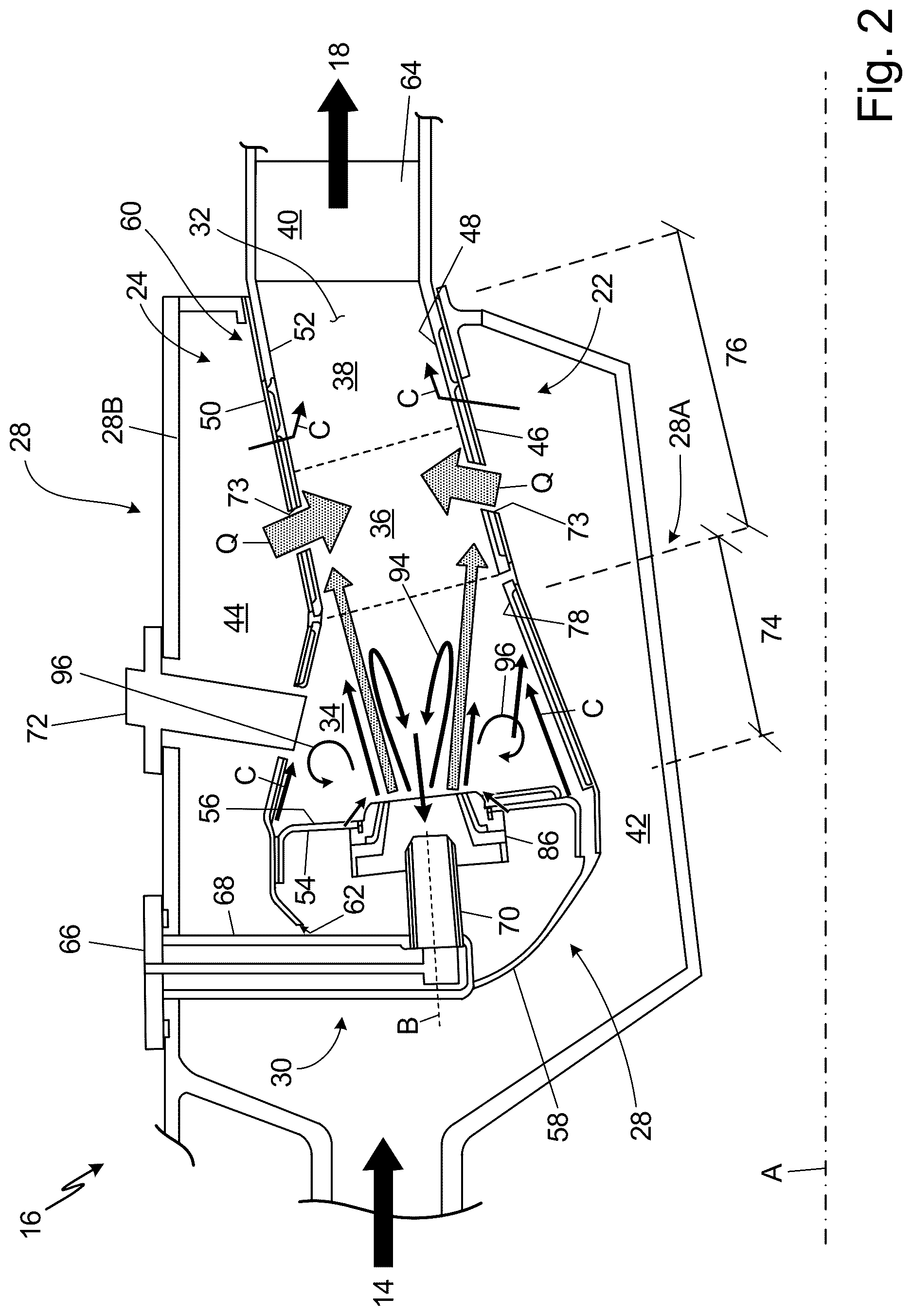 Patent US12618562 Figure 2 – Optimized front end aerodynamics for advanced RQL combustor