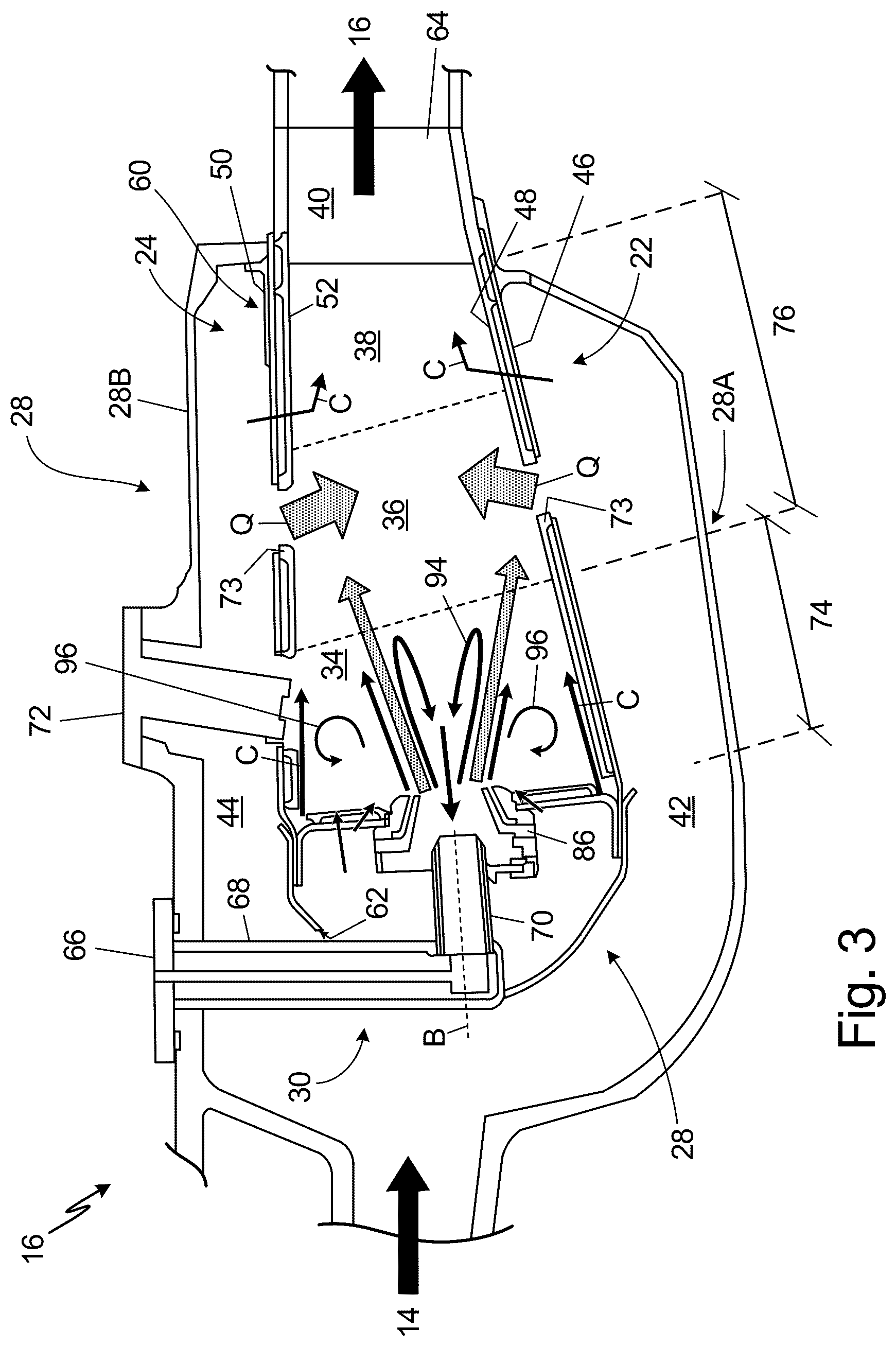 Patent US12618562 Figure 3 – Optimized front end aerodynamics for advanced RQL combustor