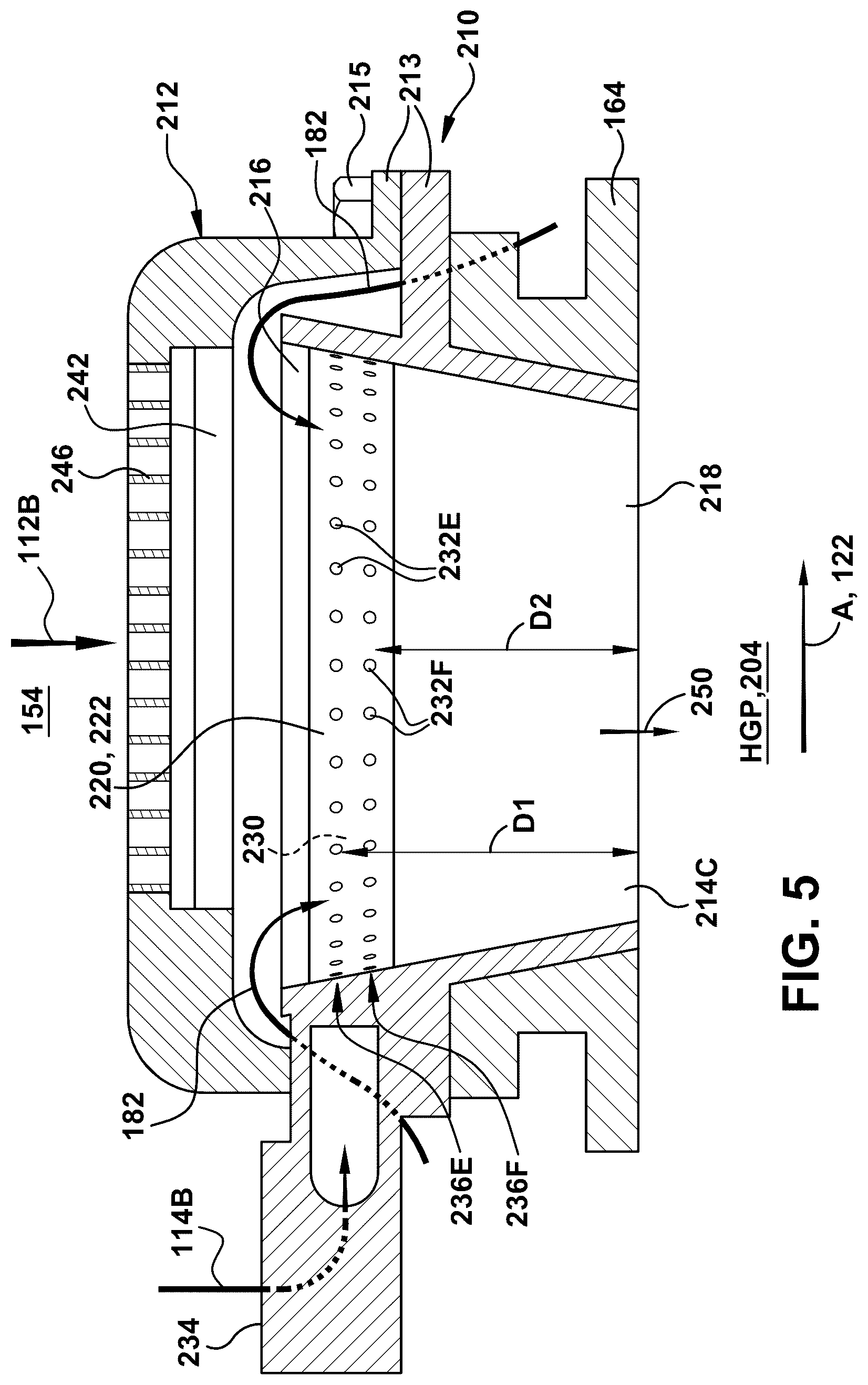Patent US12618564 Figure 5 – Axial fuel stage injector with axially elongated mixing chambers, and combustor and gt system including same