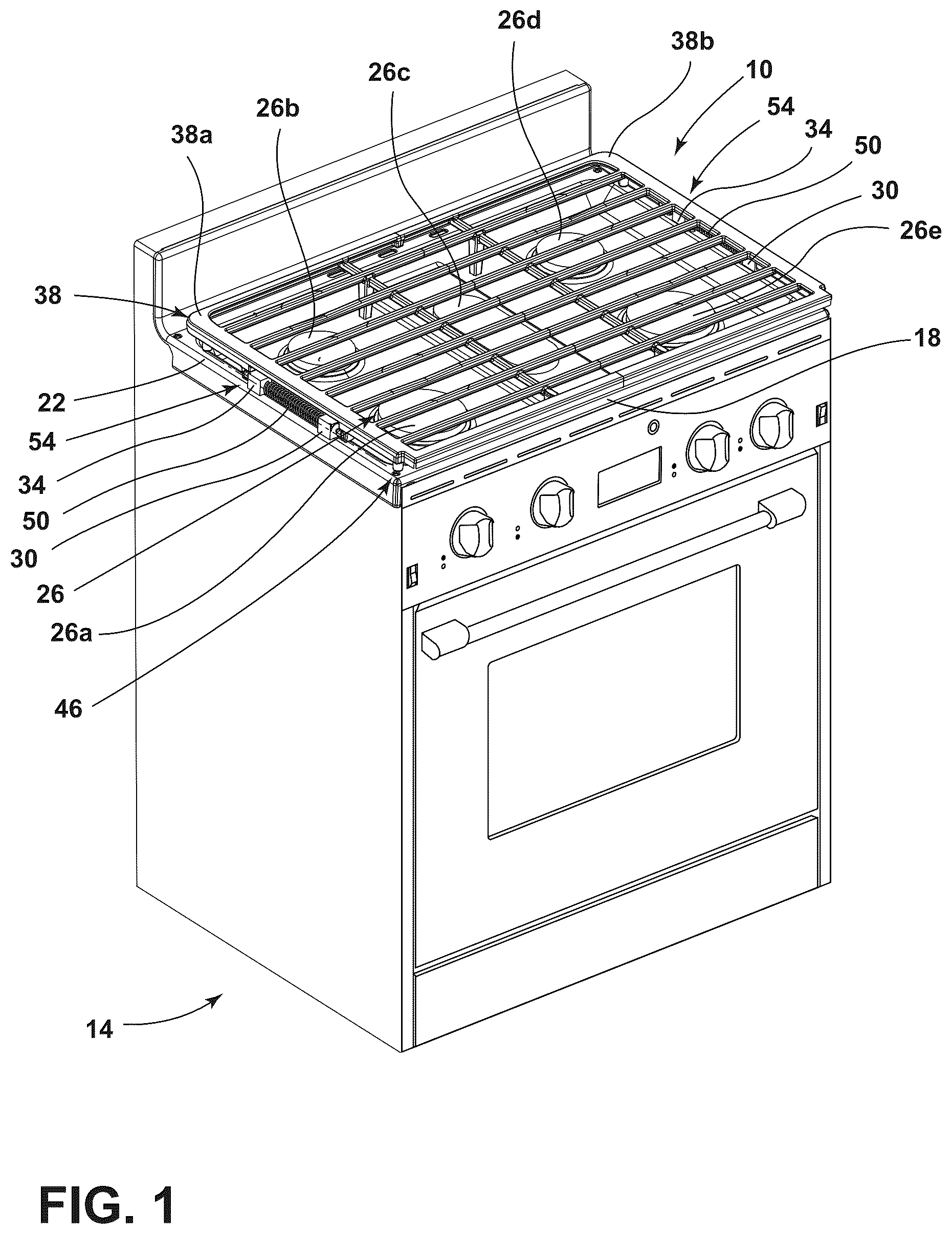 Patent US12618567 Figure 1 – Cooktop with hinged burner grates