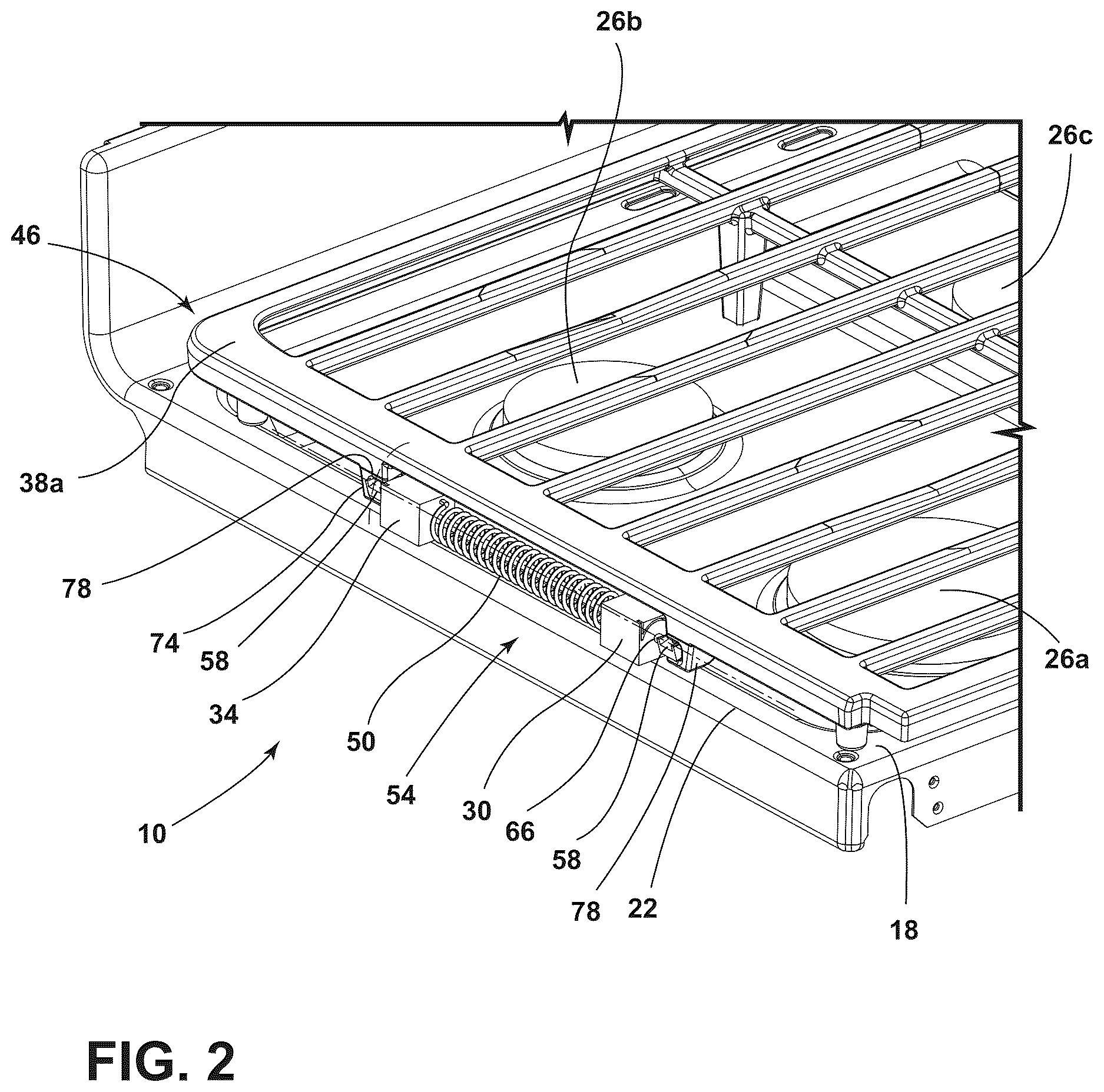 Patent US12618567 Figure 2 – Cooktop with hinged burner grates