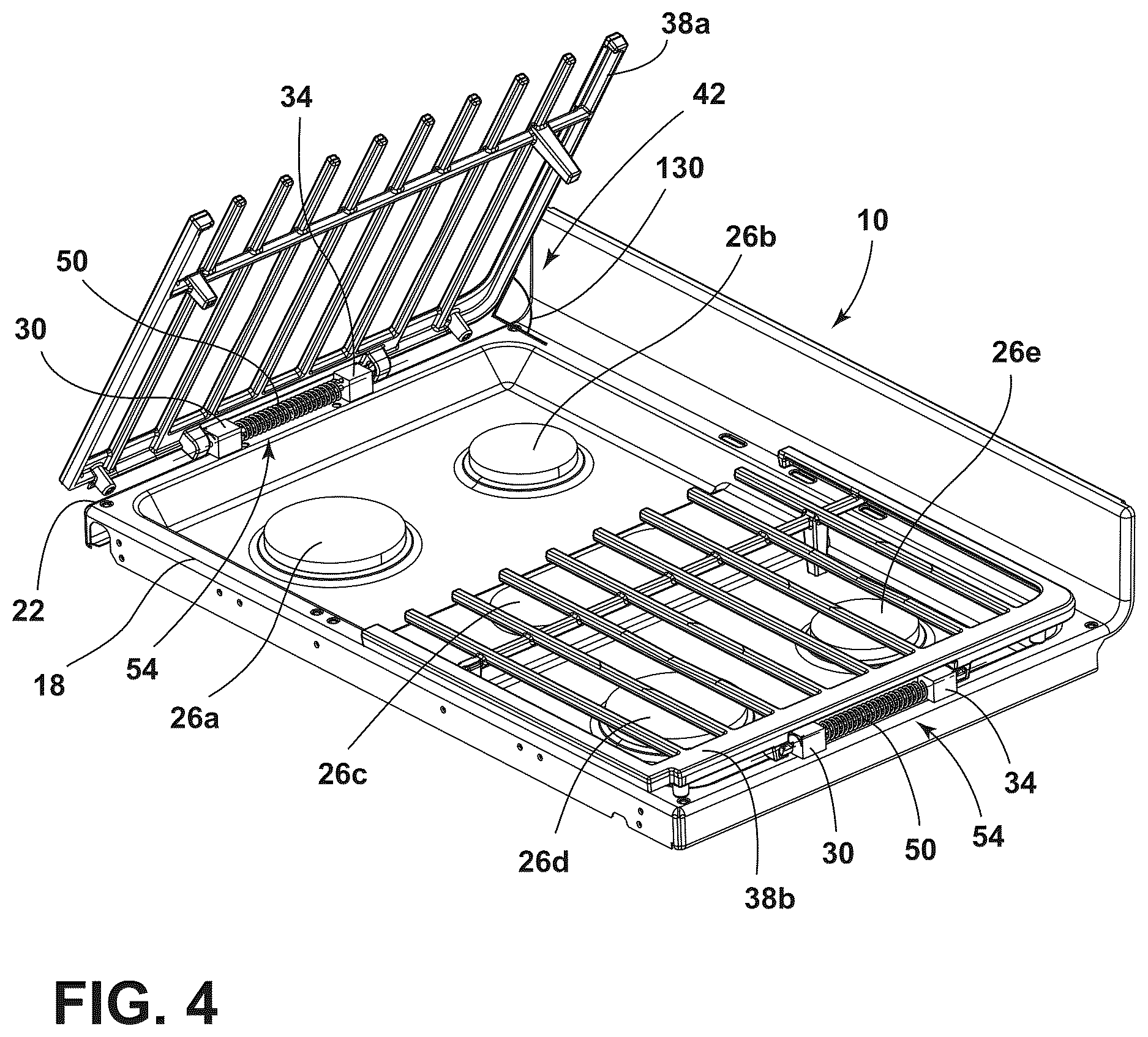 Patent US12618567 Figure 4 – Cooktop with hinged burner grates