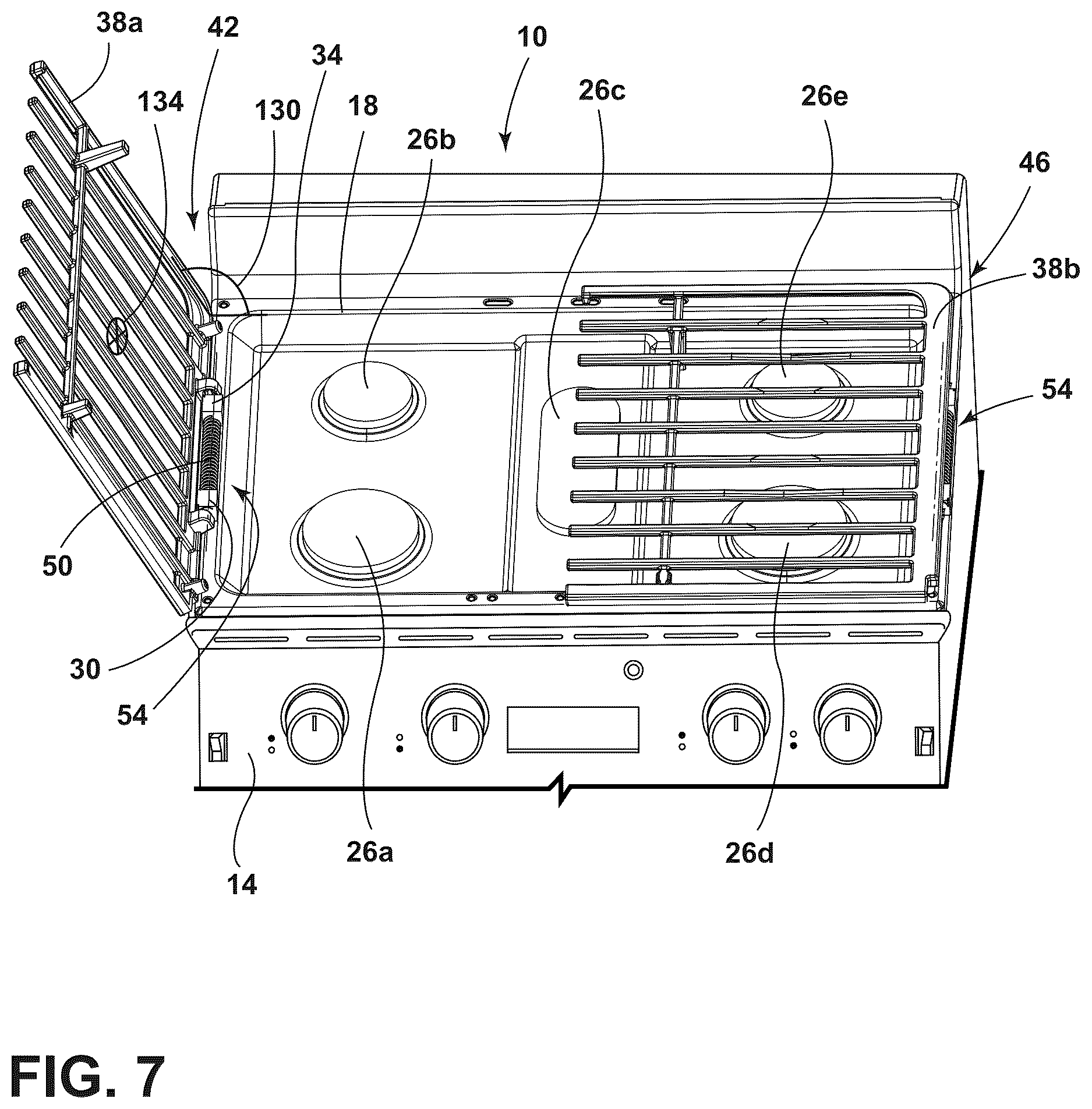 Patent US12618567 Figure 7 – Cooktop with hinged burner grates
