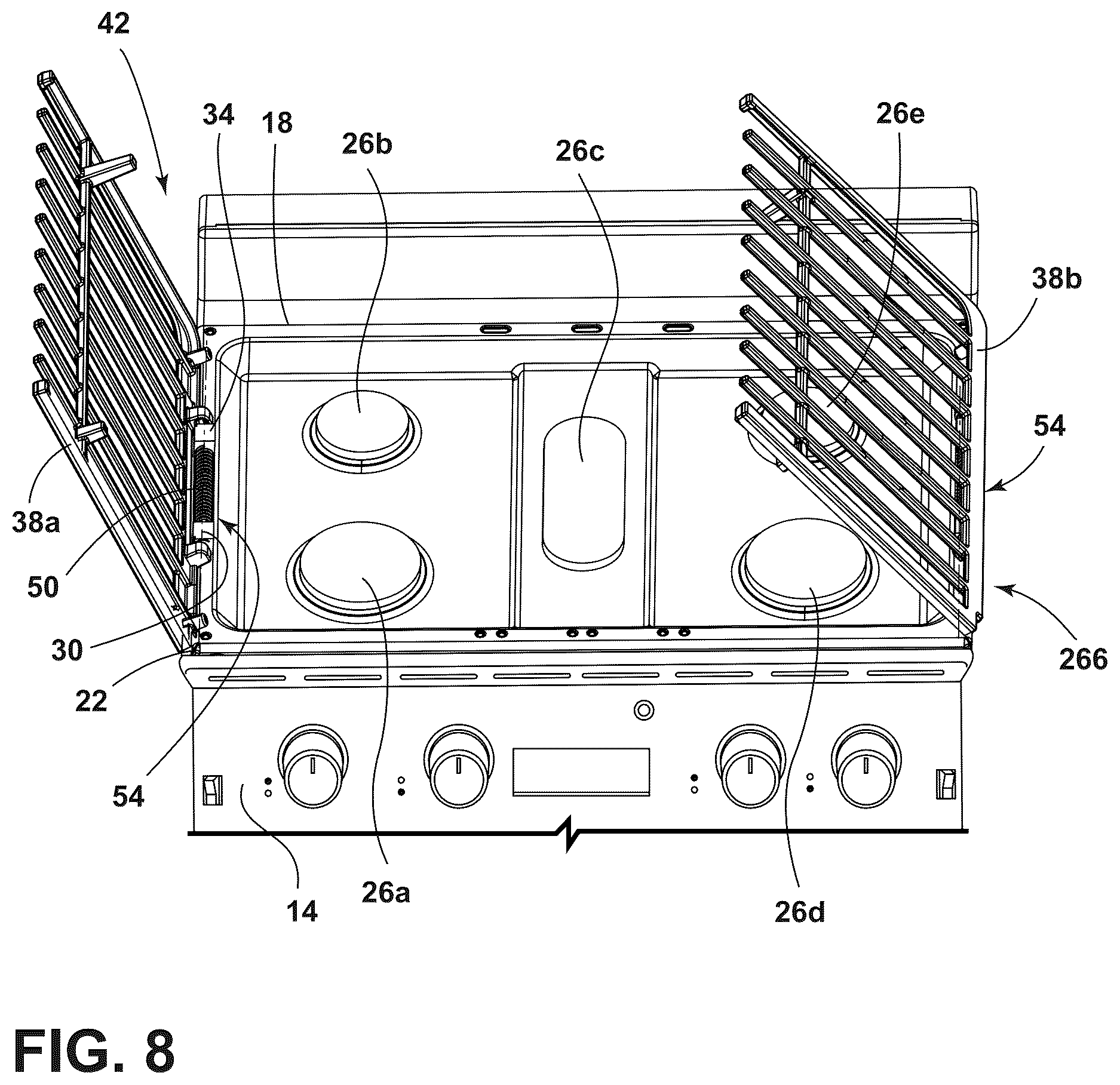 Patent US12618567 Figure 8 – Cooktop with hinged burner grates