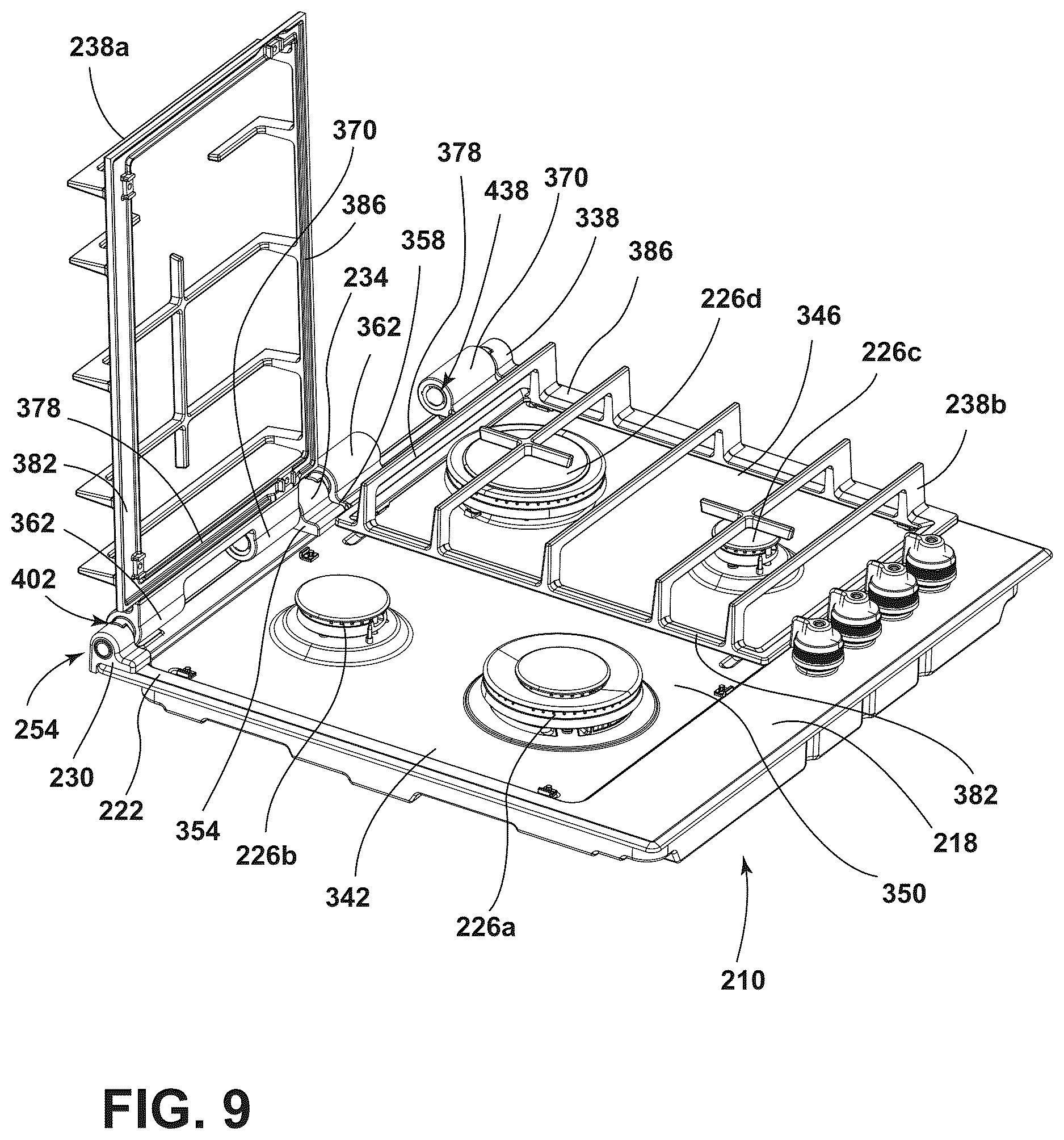 Patent US12618567 Figure 9 – Cooktop with hinged burner grates