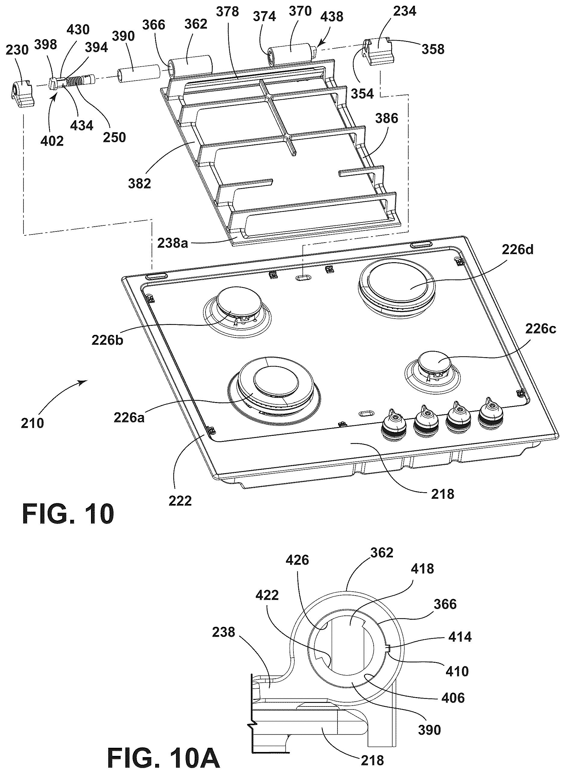 Patent US12618567 Figure 10 – Cooktop with hinged burner grates