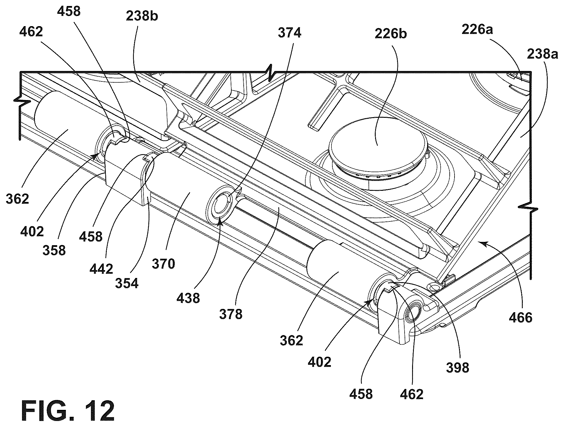 Patent US12618567 Figure 12 – Cooktop with hinged burner grates