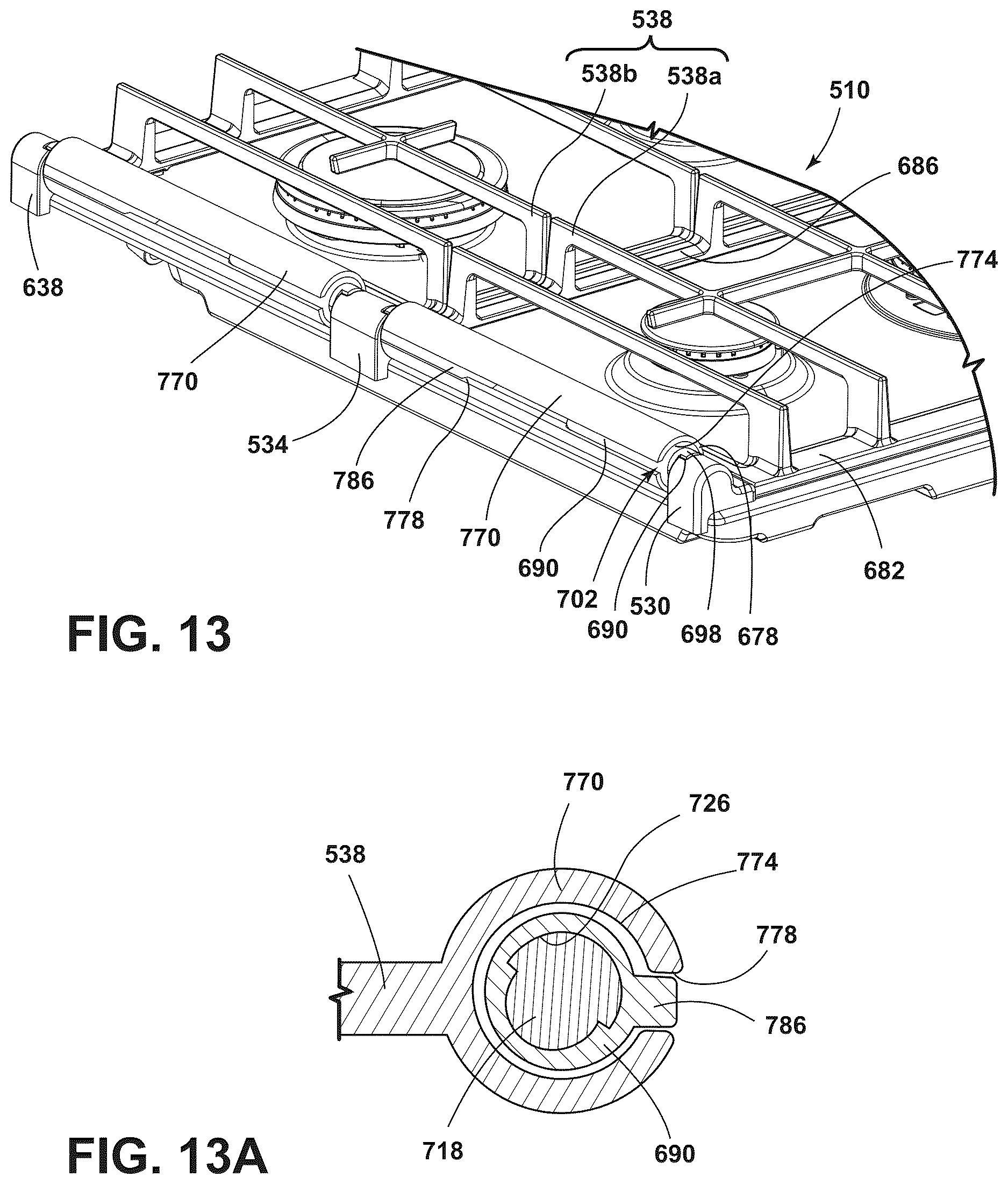 Patent US12618567 Figure 13 – Cooktop with hinged burner grates