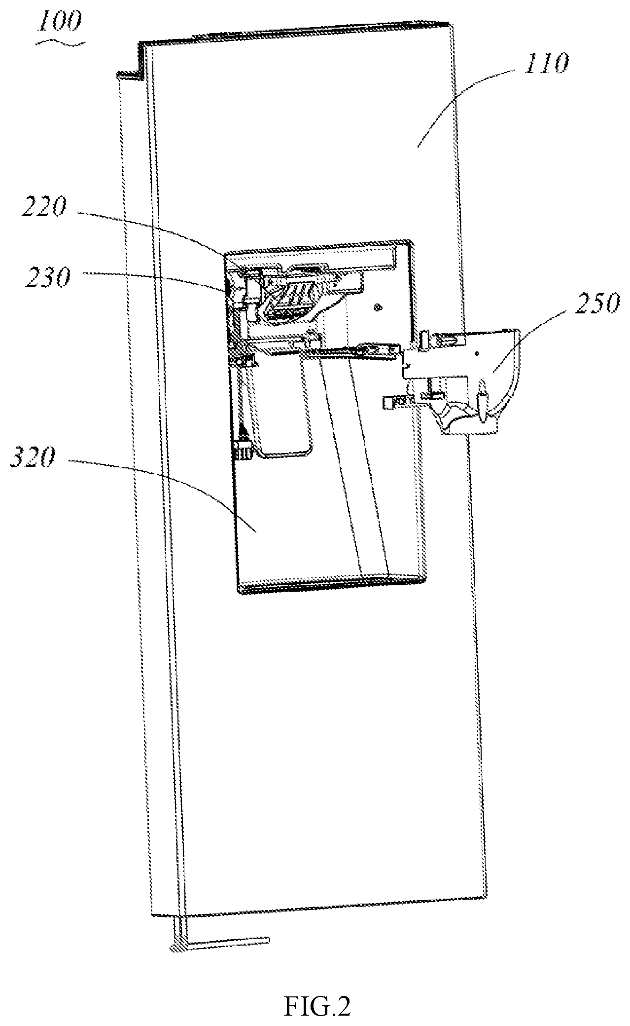 Patent US12618601 Figure 2 – Ice dispensing device, refrigerator door assembly, and refrigerator