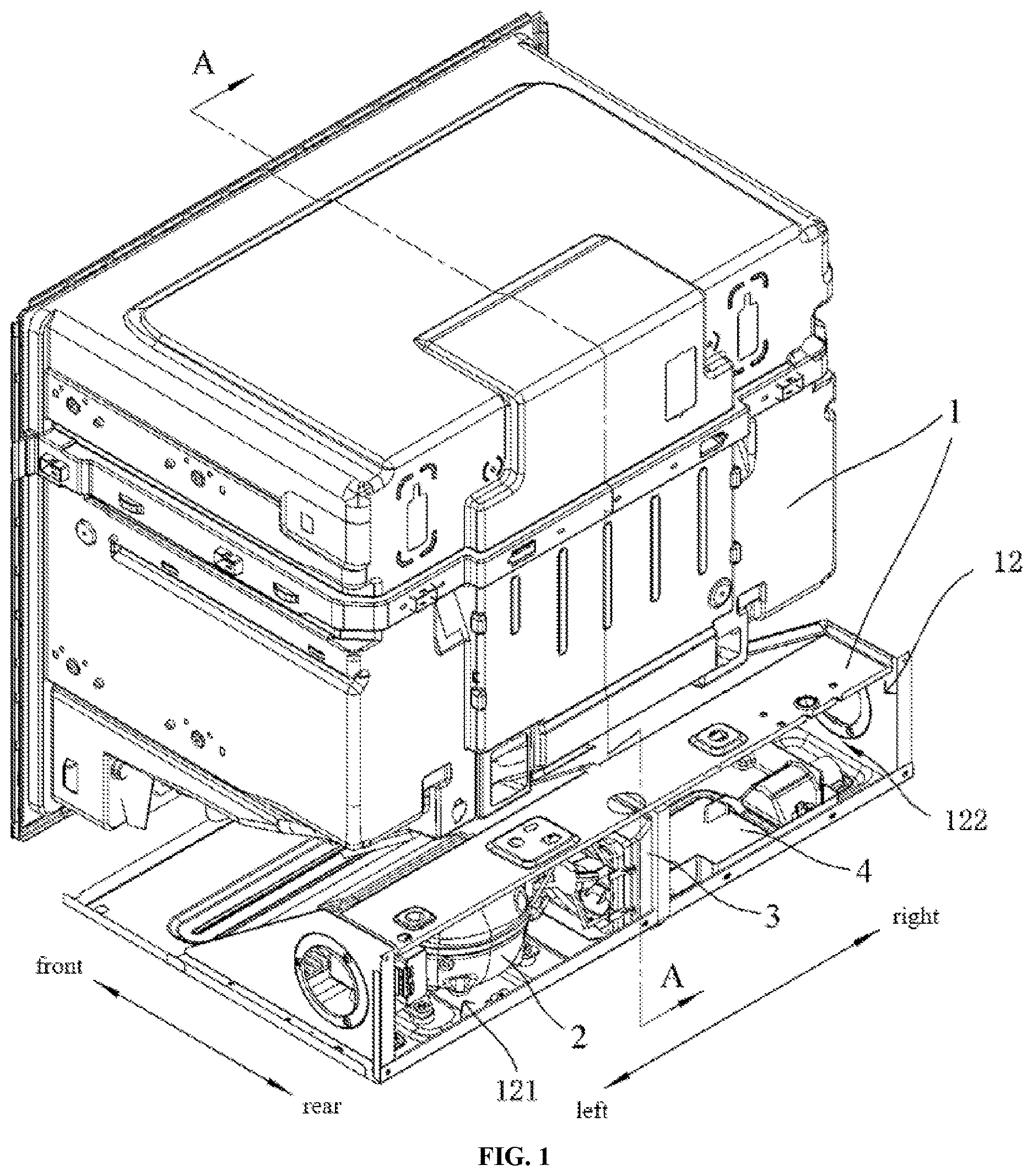 Patent US12618607 Figure 1 – Refrigerator having inclined drain pipe disposed at lower portion of refrigerator