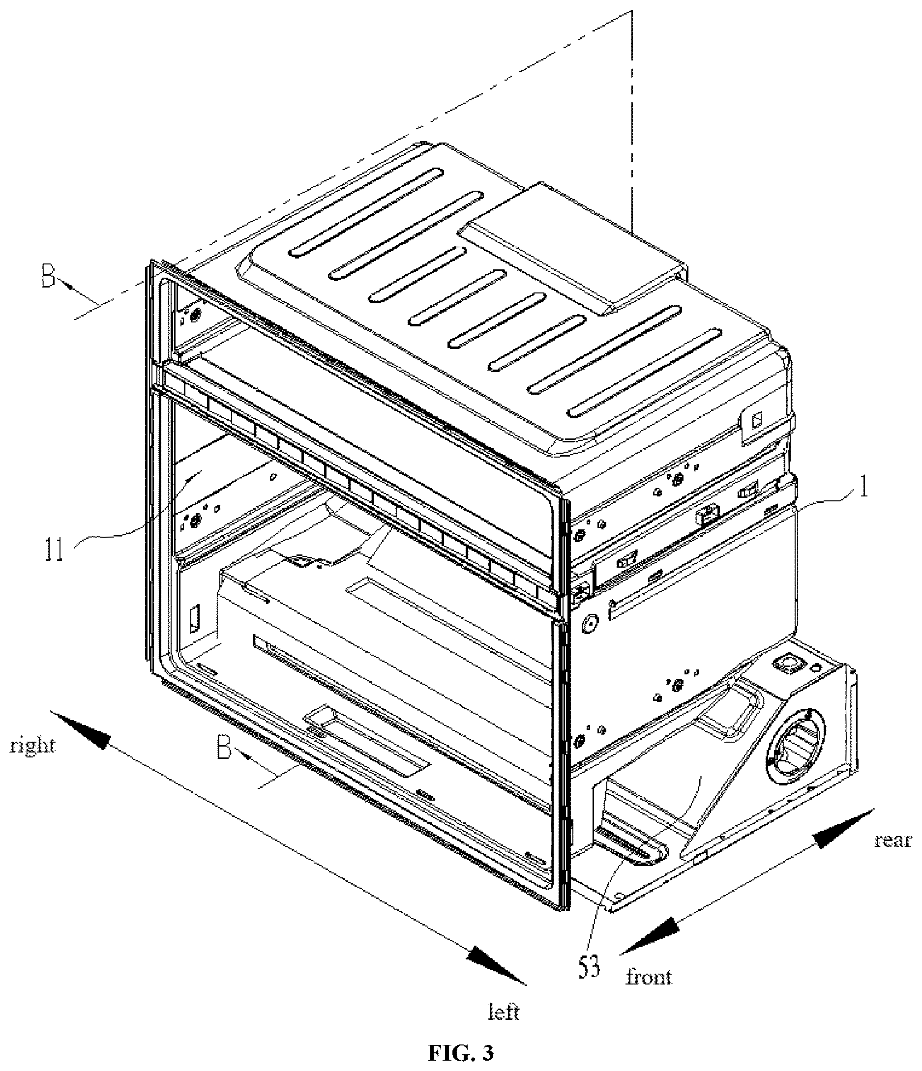 Patent US12618607 Figure 3 – Refrigerator having inclined drain pipe disposed at lower portion of refrigerator
