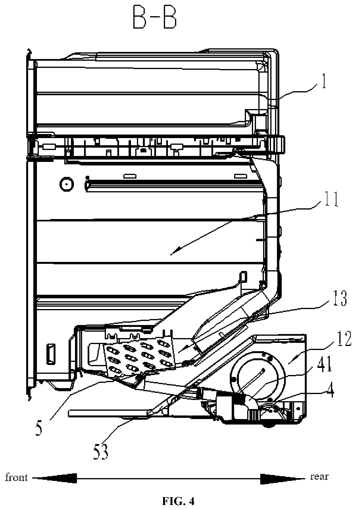 Patent US12618607 Figure 4 – Refrigerator having inclined drain pipe disposed at lower portion of refrigerator