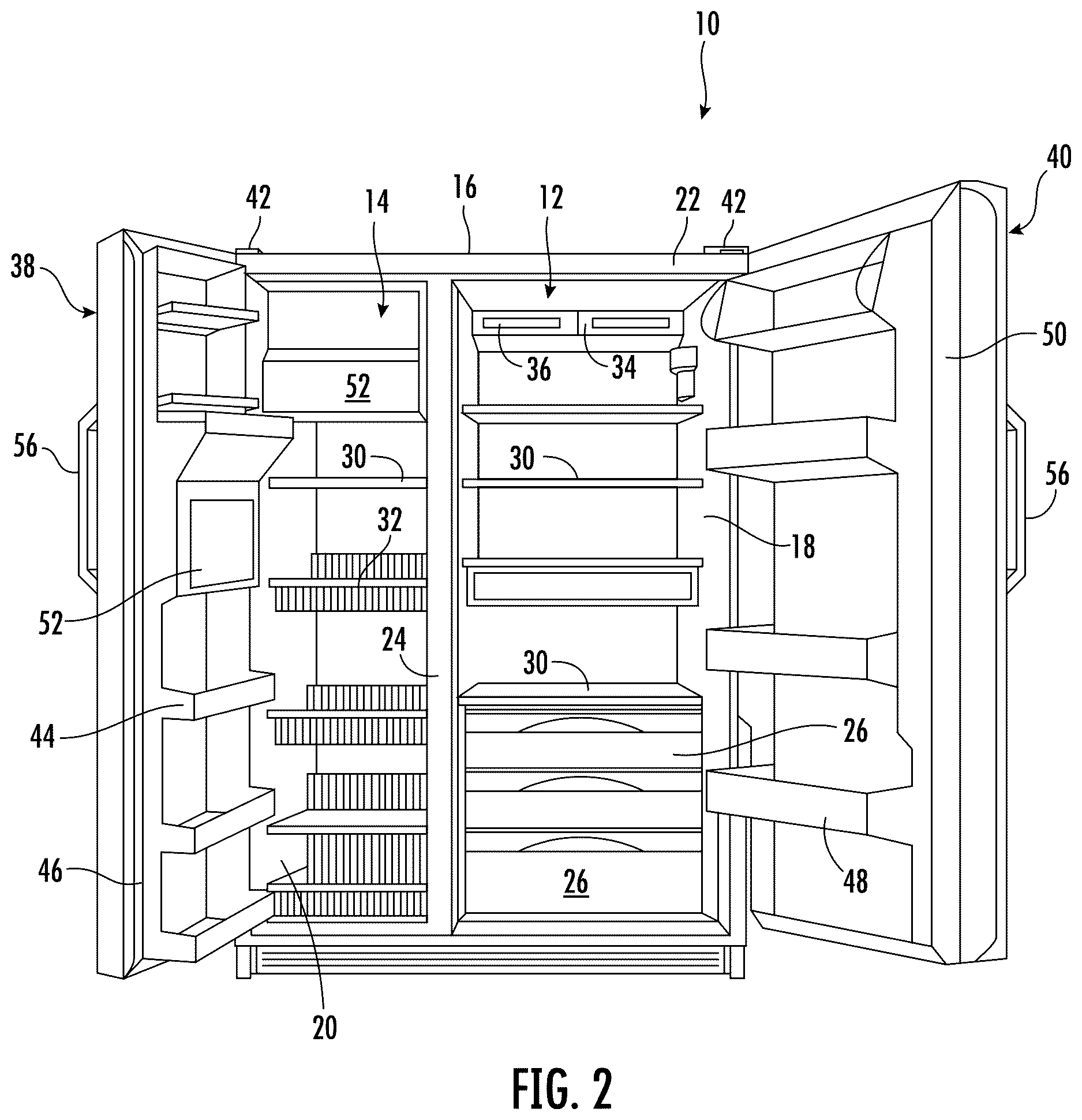 Patent US12618612 Figure 2 – Refrigerator appliance and valve assembly