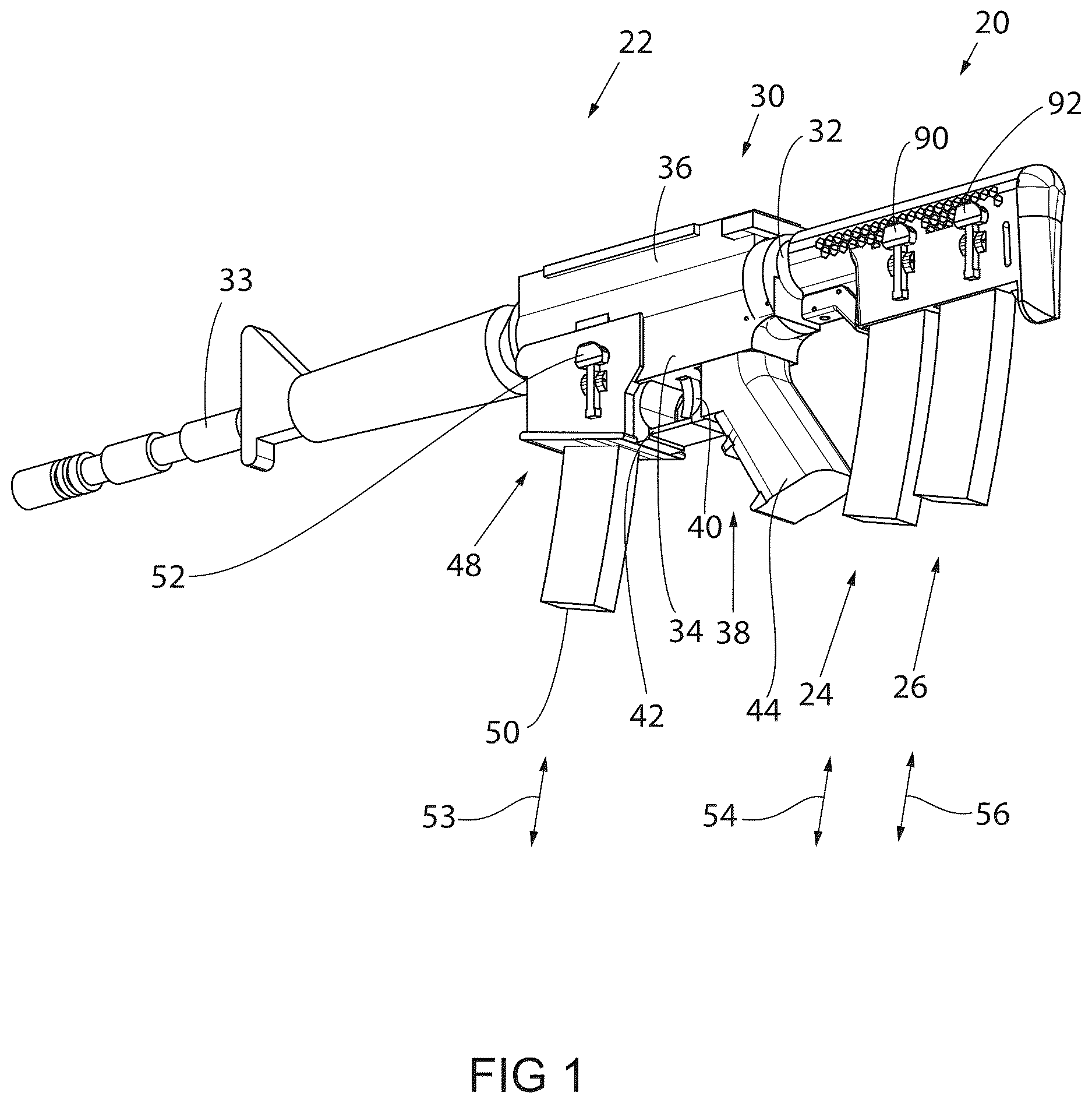 Patent US12618641 Figure 1 – Firearm shoulder stock assembly