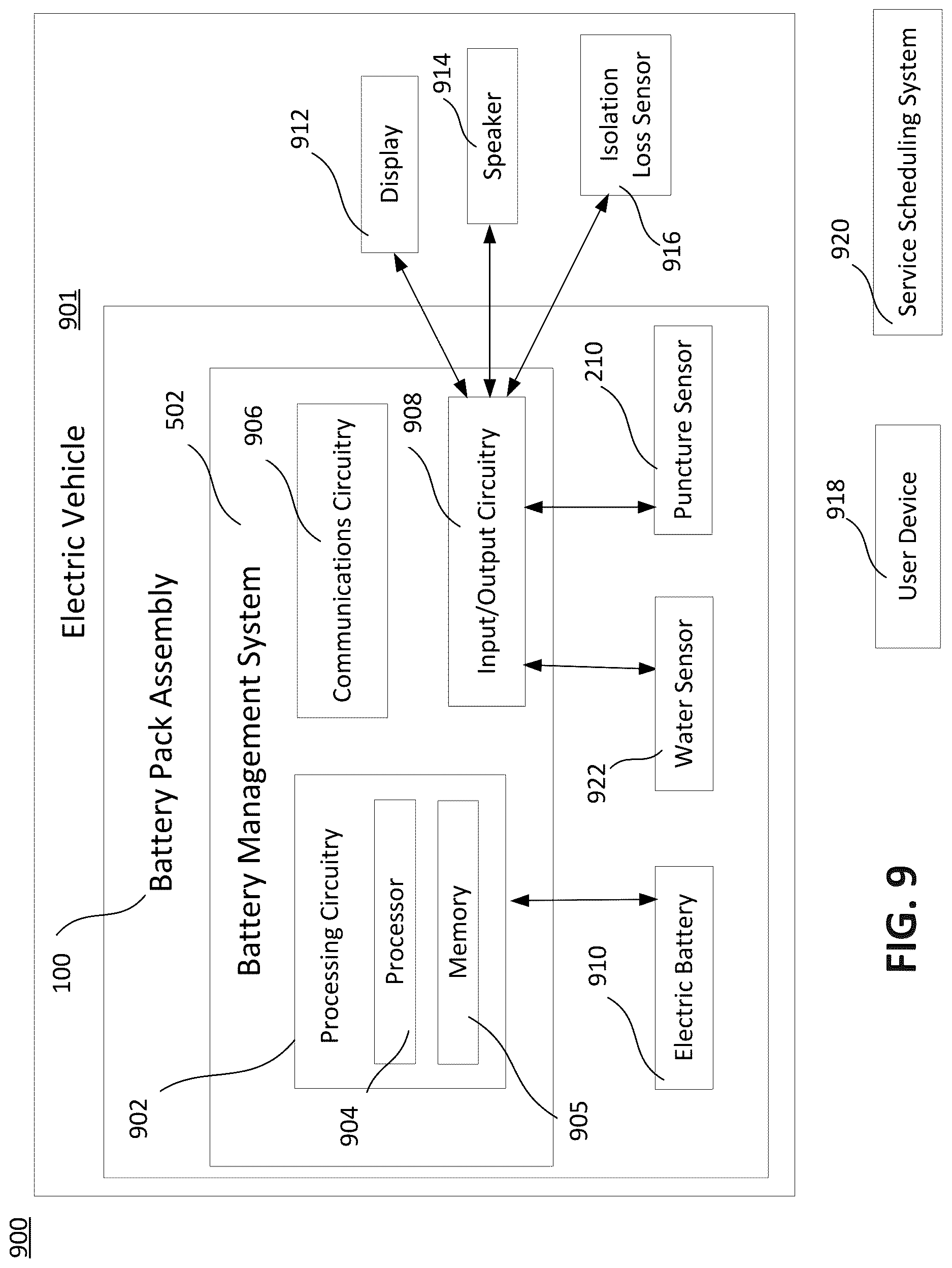 Patent US12618659 Figure 9 – Battery pack configured to determine a deformation event