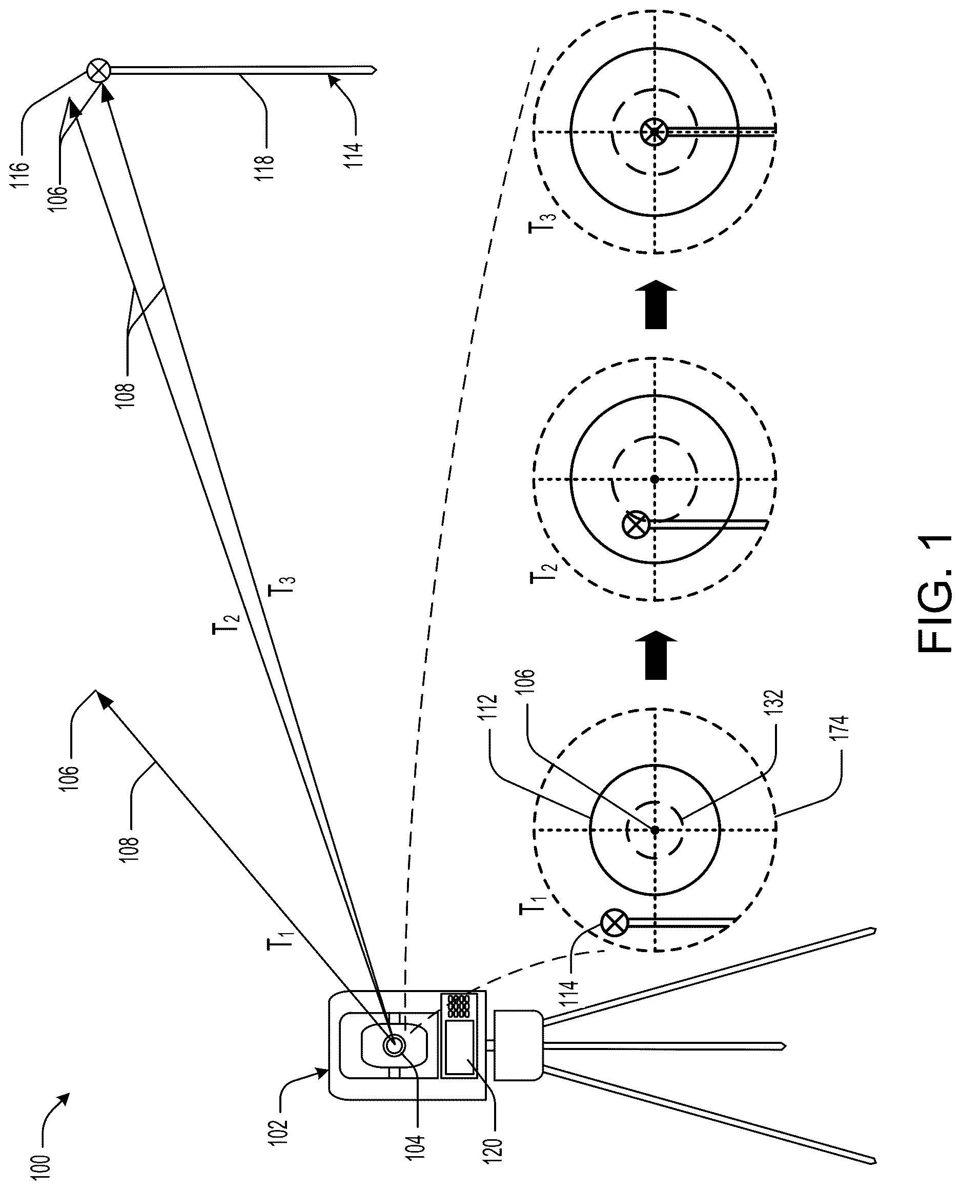 Patent US12618670 Figure 1 – Multiple single-axis trackers for survey equipment