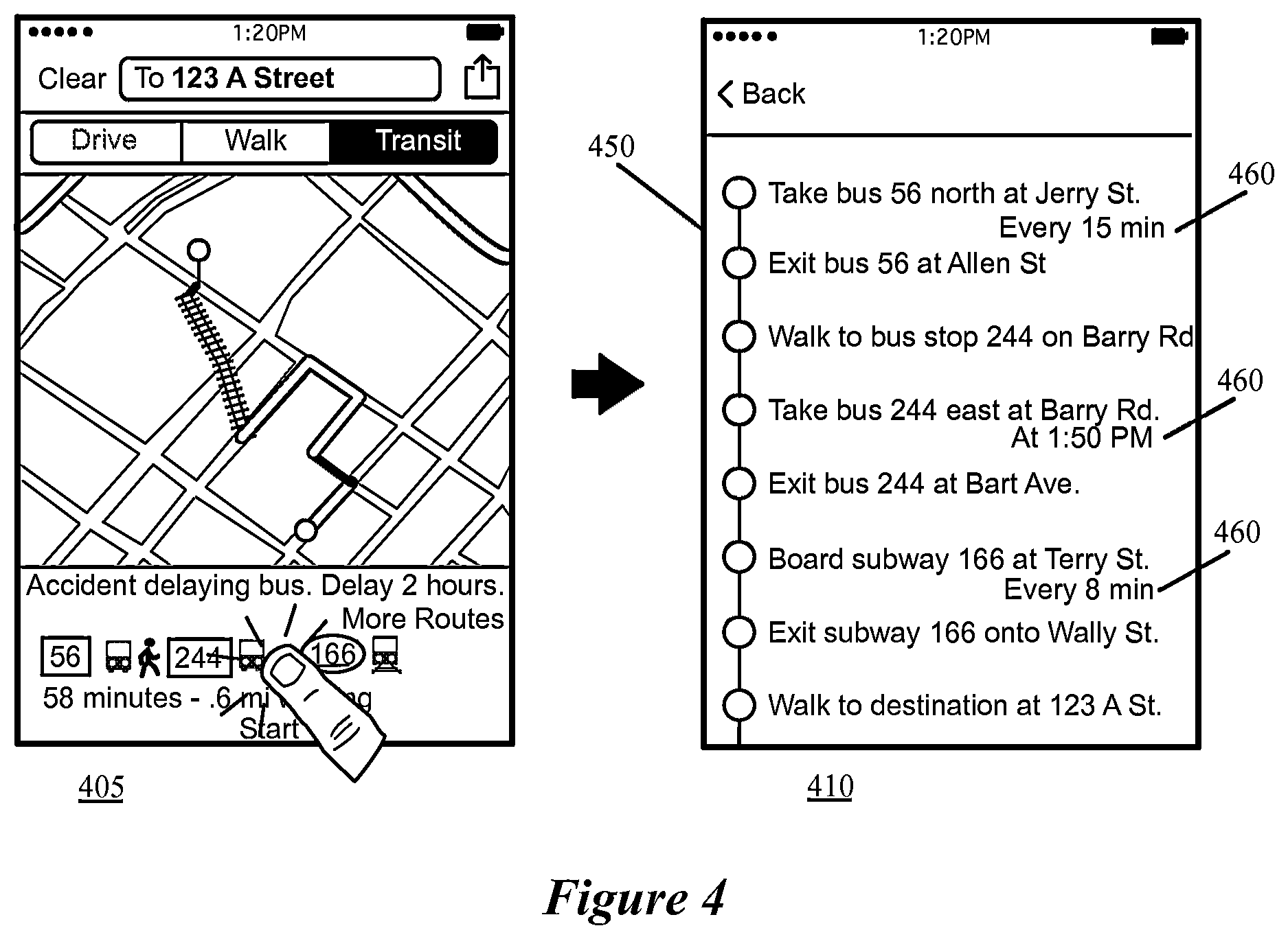 Patent US12618681 Figure 4 – Transit navigation