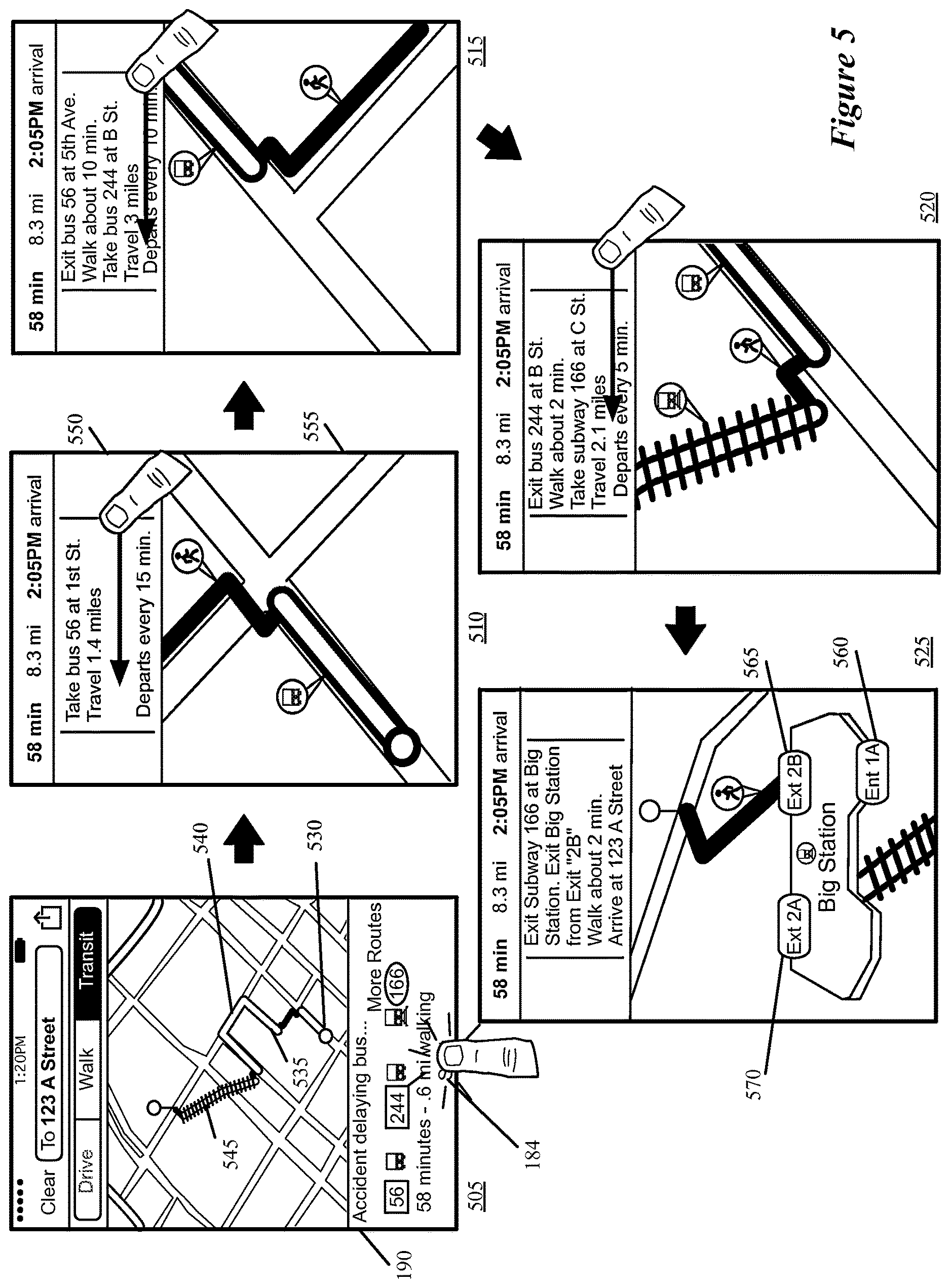 Patent US12618681 Figure 5 – Transit navigation