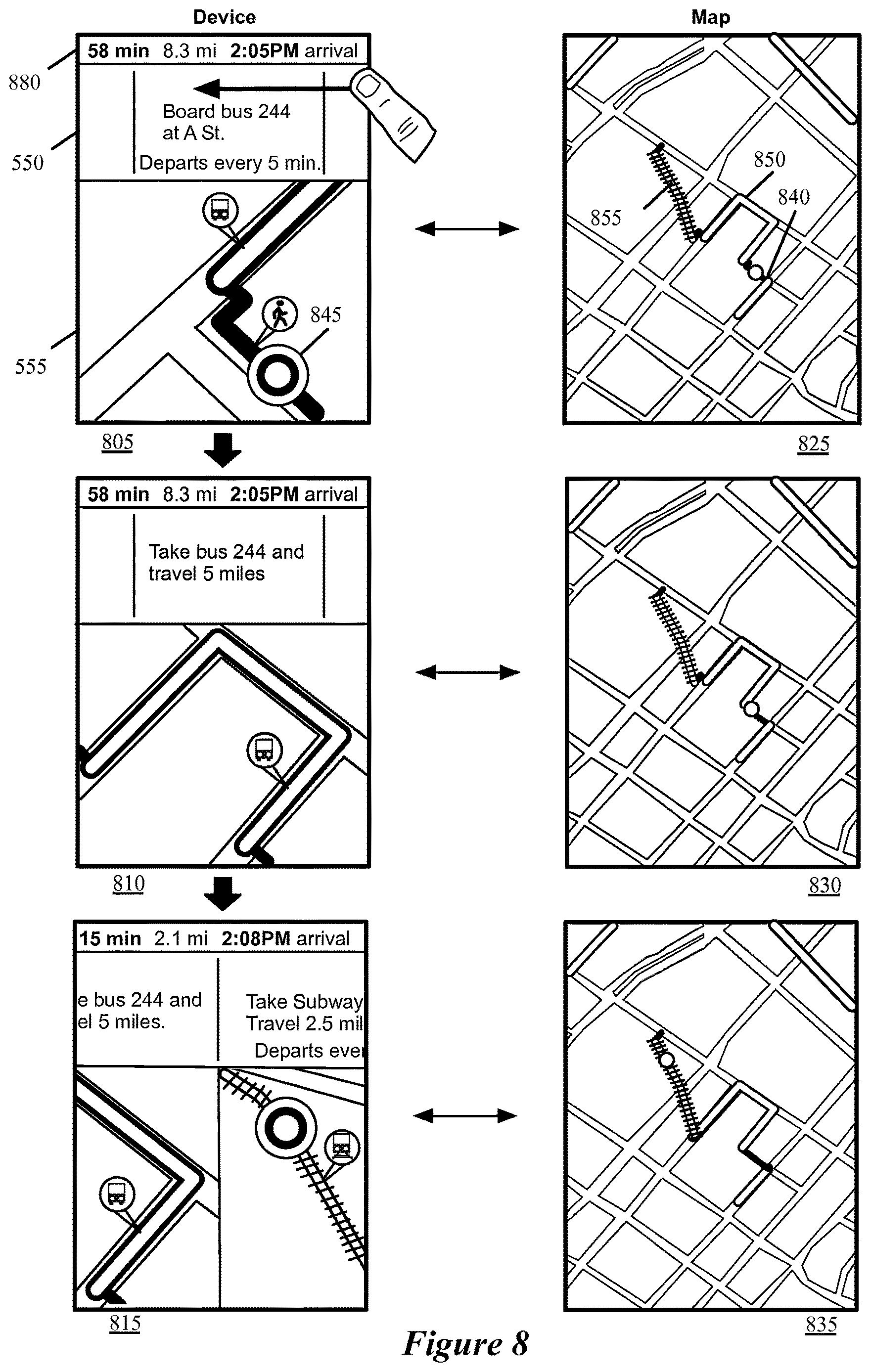 Patent US12618681 Figure 8 – Transit navigation