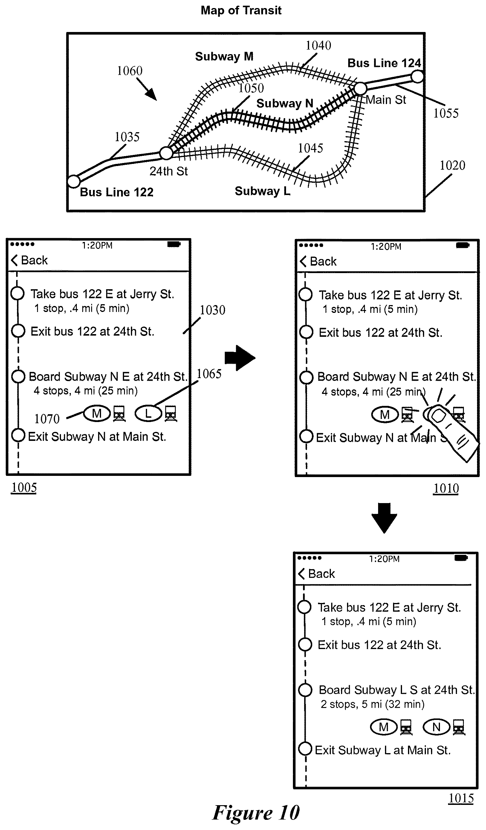 Patent US12618681 Figure 10 – Transit navigation