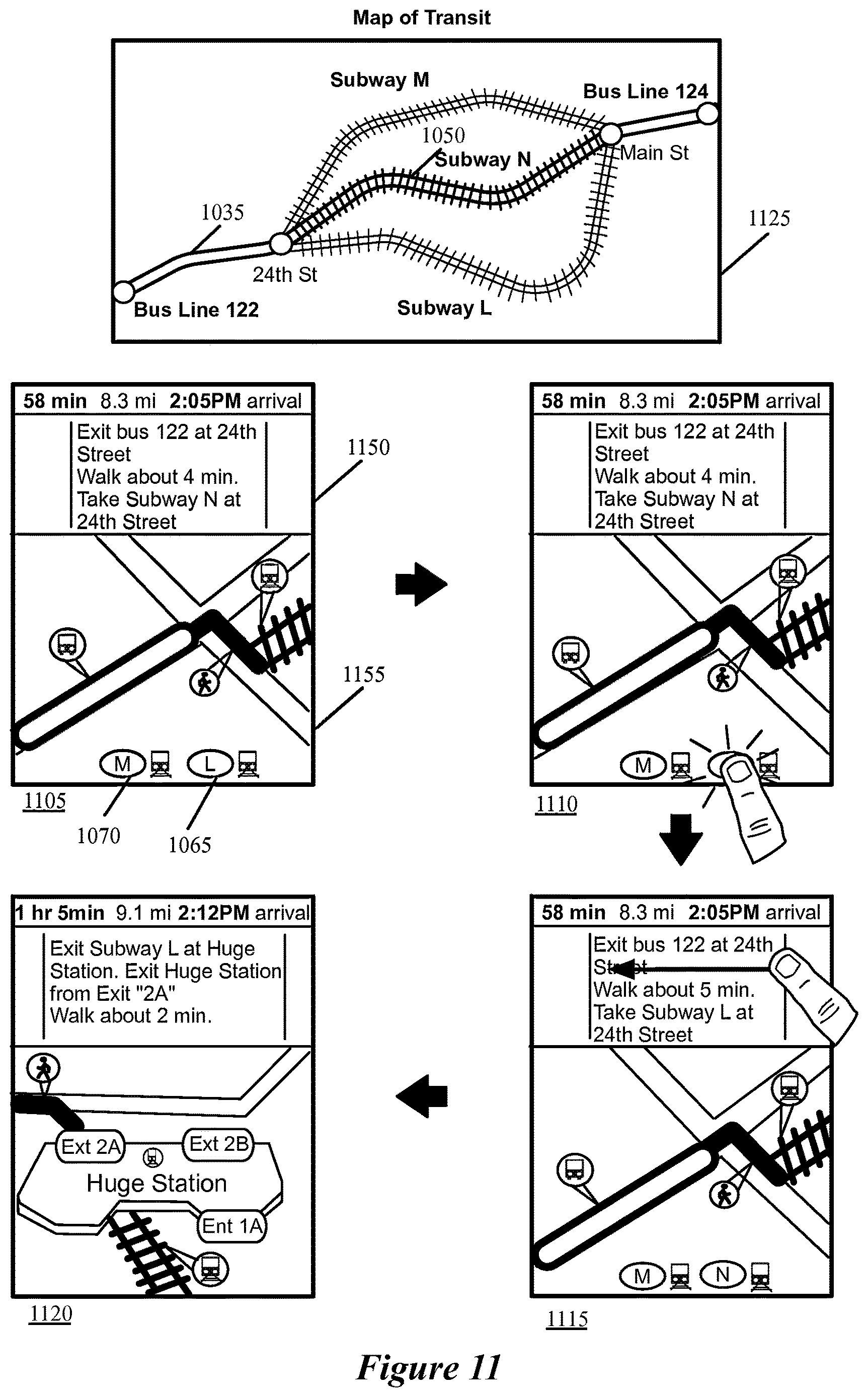 Patent US12618681 Figure 11 – Transit navigation