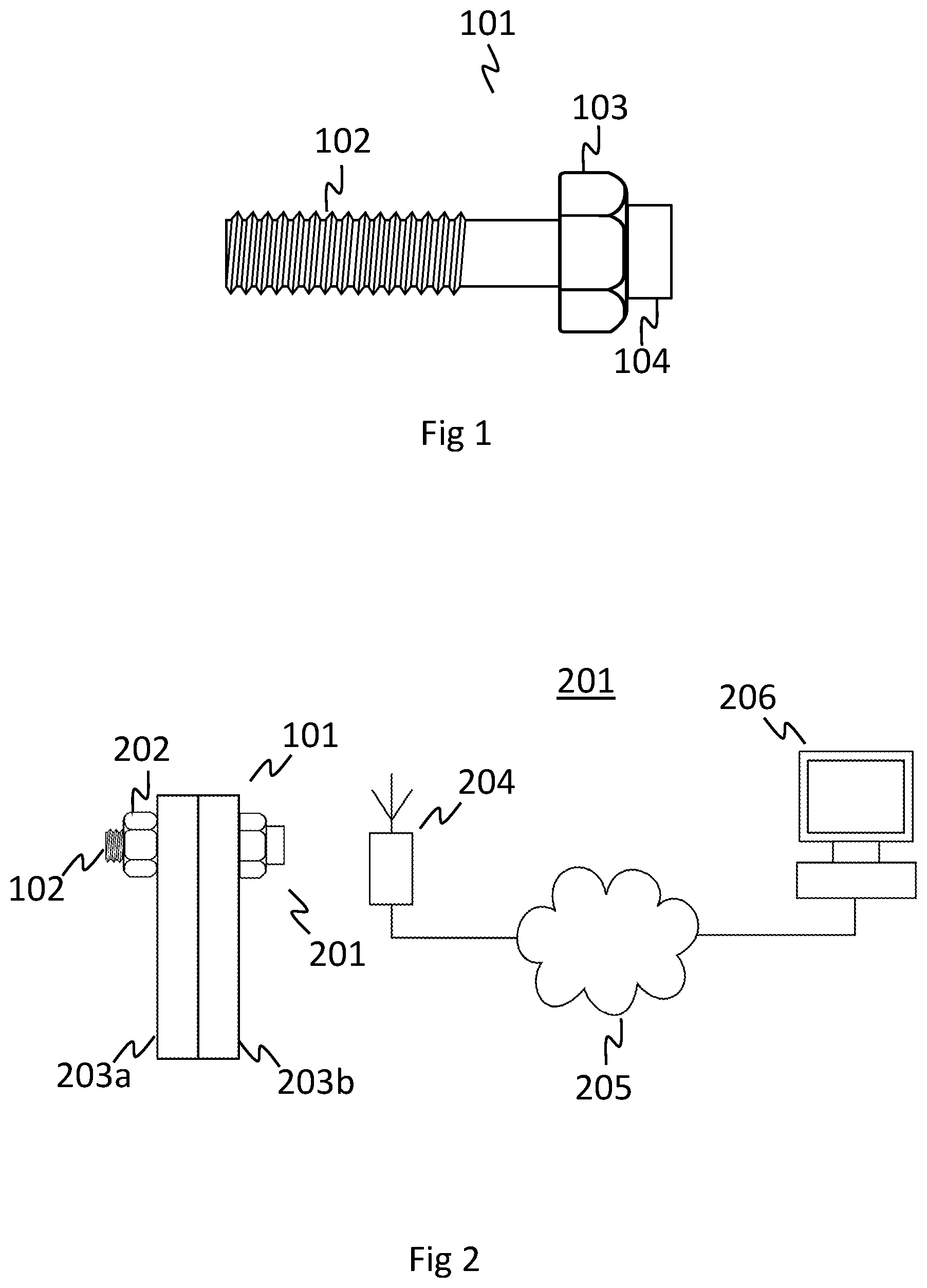 Patent US12618733 Figure 1 – Tension monitoring apparatus including a fixing with a shank under tension and a strain sensor embedded in the shank where the strain sensor is connected to a data processing means