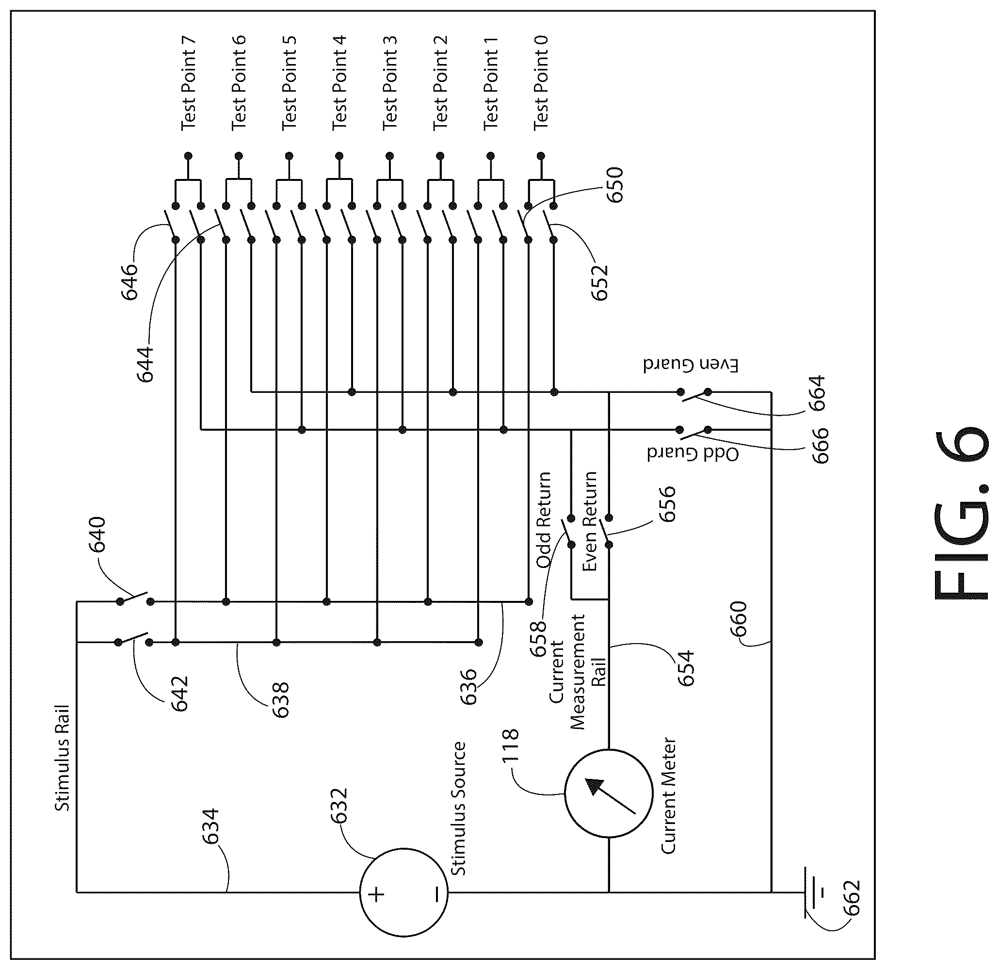 Patent US12618873 Figure 6 – Partailly guarded switching matrix for automatic electronic test equipment