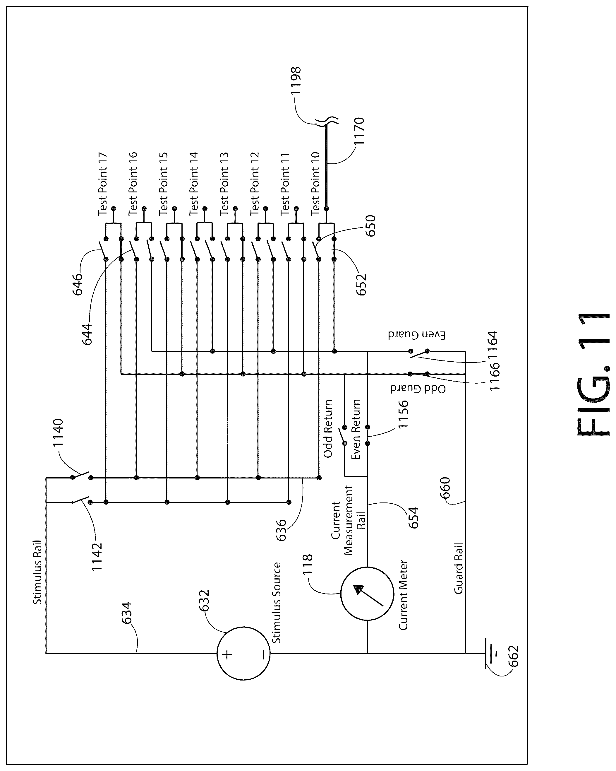 Patent US12618873 Figure 11 – Partailly guarded switching matrix for automatic electronic test equipment