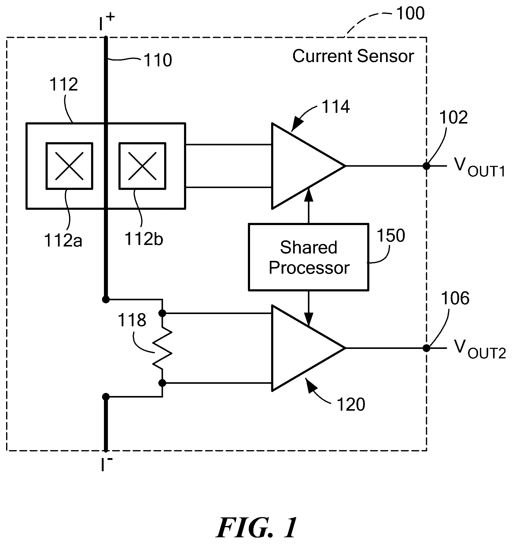 Patent US12618875 Figure 1 – Current sensor with magnetic and resistive sensing and shared calibration