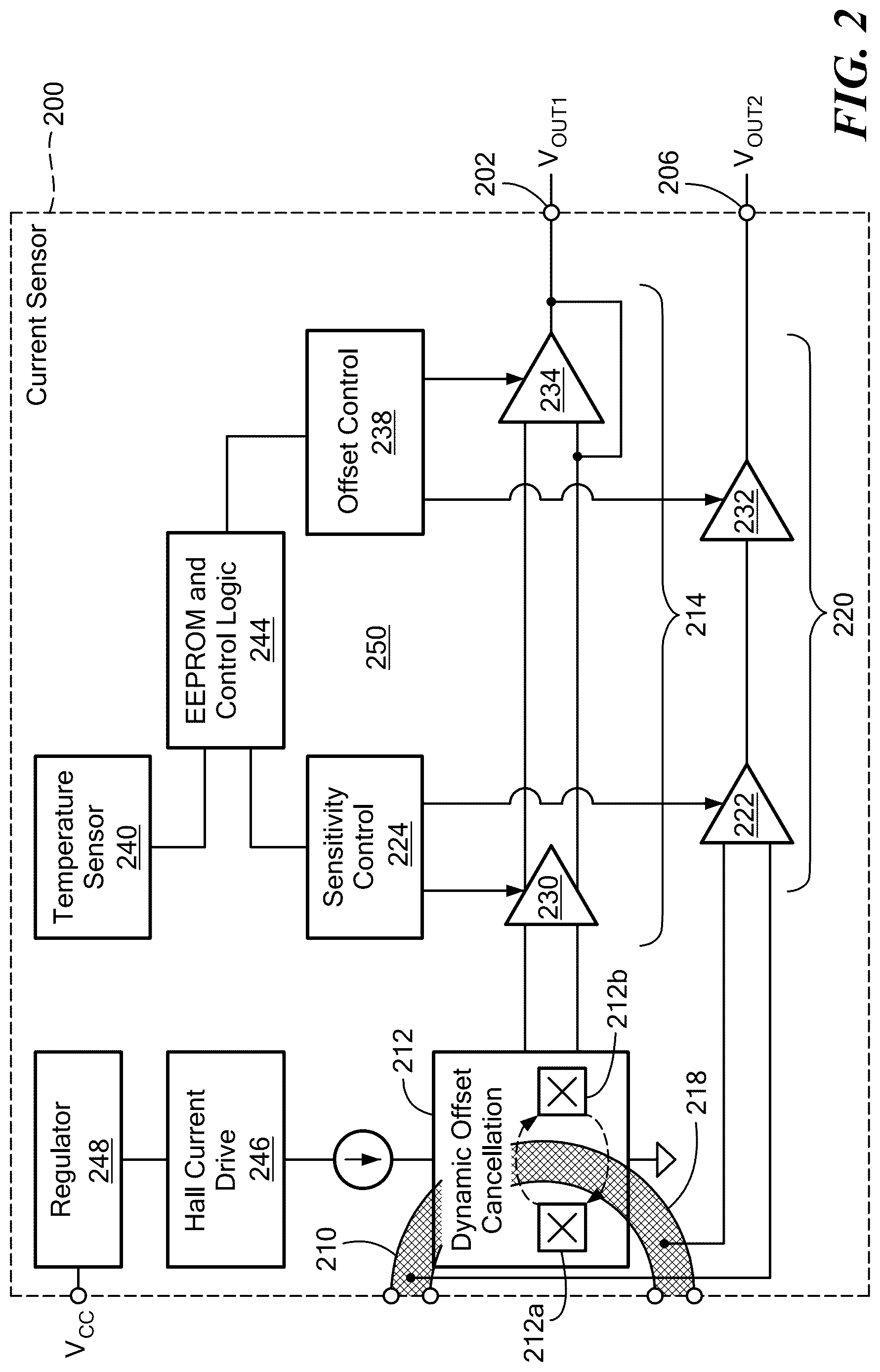 Patent US12618875 Figure 2 – Current sensor with magnetic and resistive sensing and shared calibration