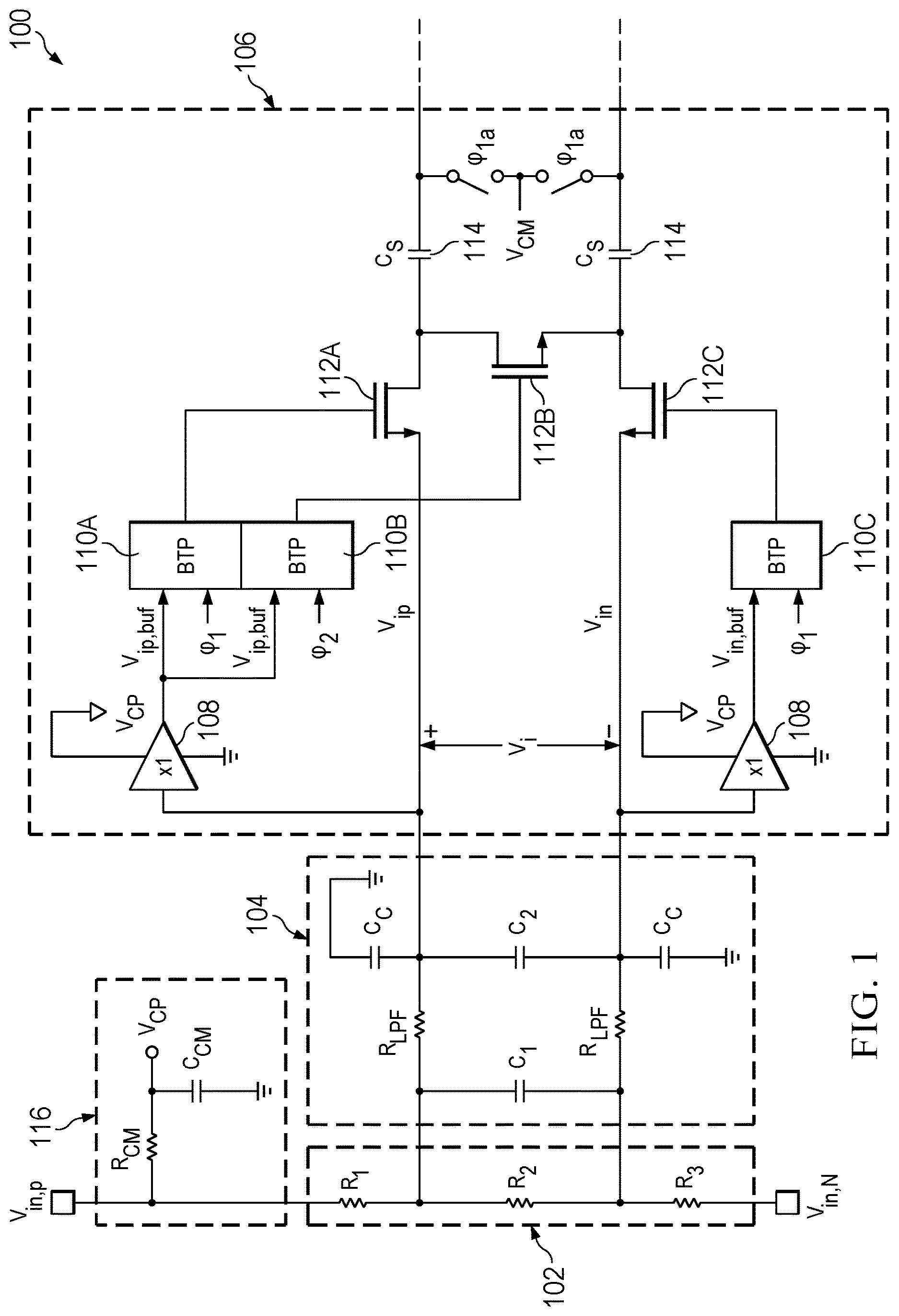 Patent US12618880 Figure 1 – Ultra-low-power front end for beyond-the-rails voltage sensing