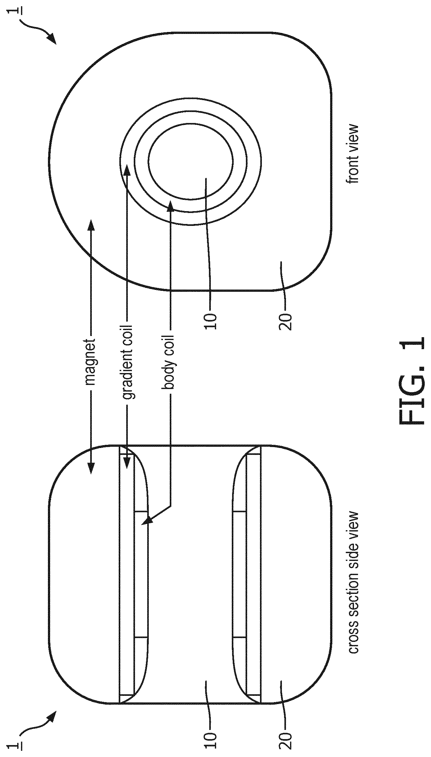 Patent US12618923 Figure 1 – Radio frequency coil with T-shaped connector between electrical conductors and radio frequency shield
