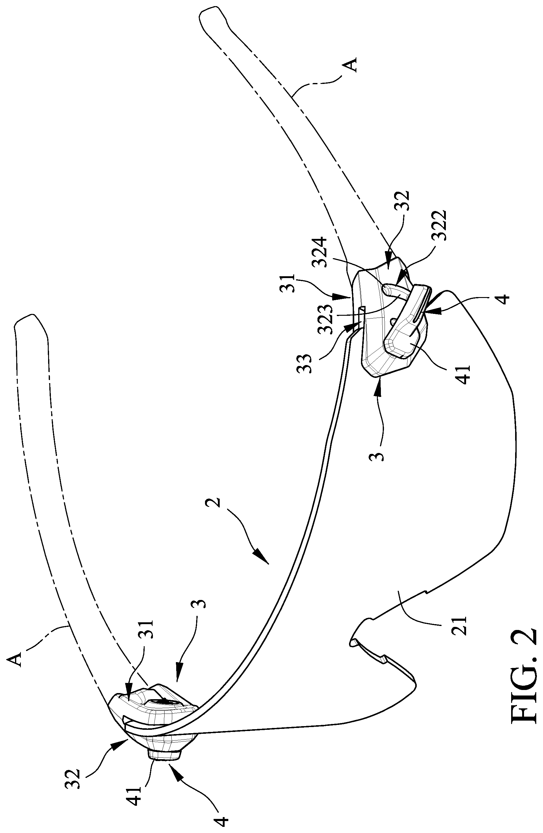 Patent US12619099 Figure 2 – Quick release mechanism for eyeglasses