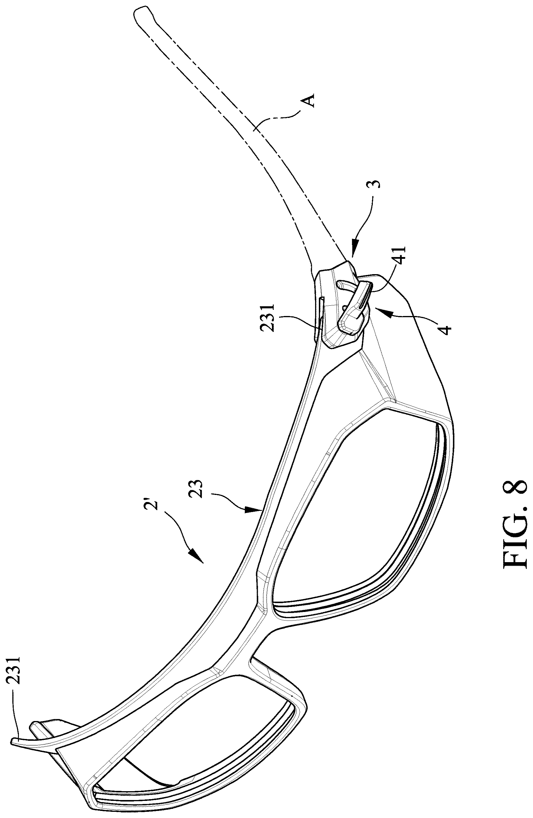Patent US12619099 Figure 8 – Quick release mechanism for eyeglasses