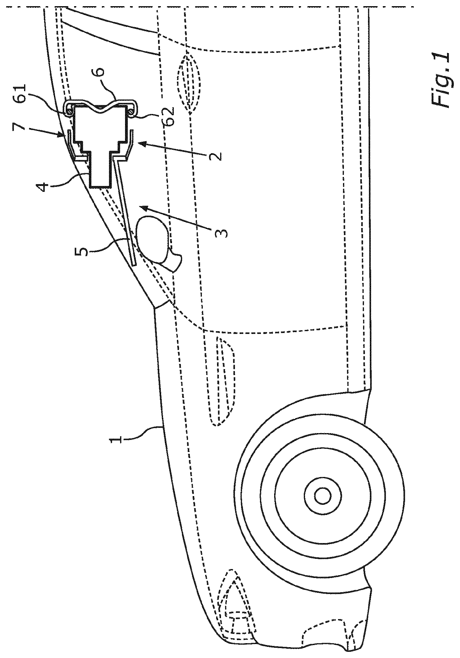 Patent US12619134 Figure 1 – Fastening device for an environmental sensor, and sensor installation system for a vehicle