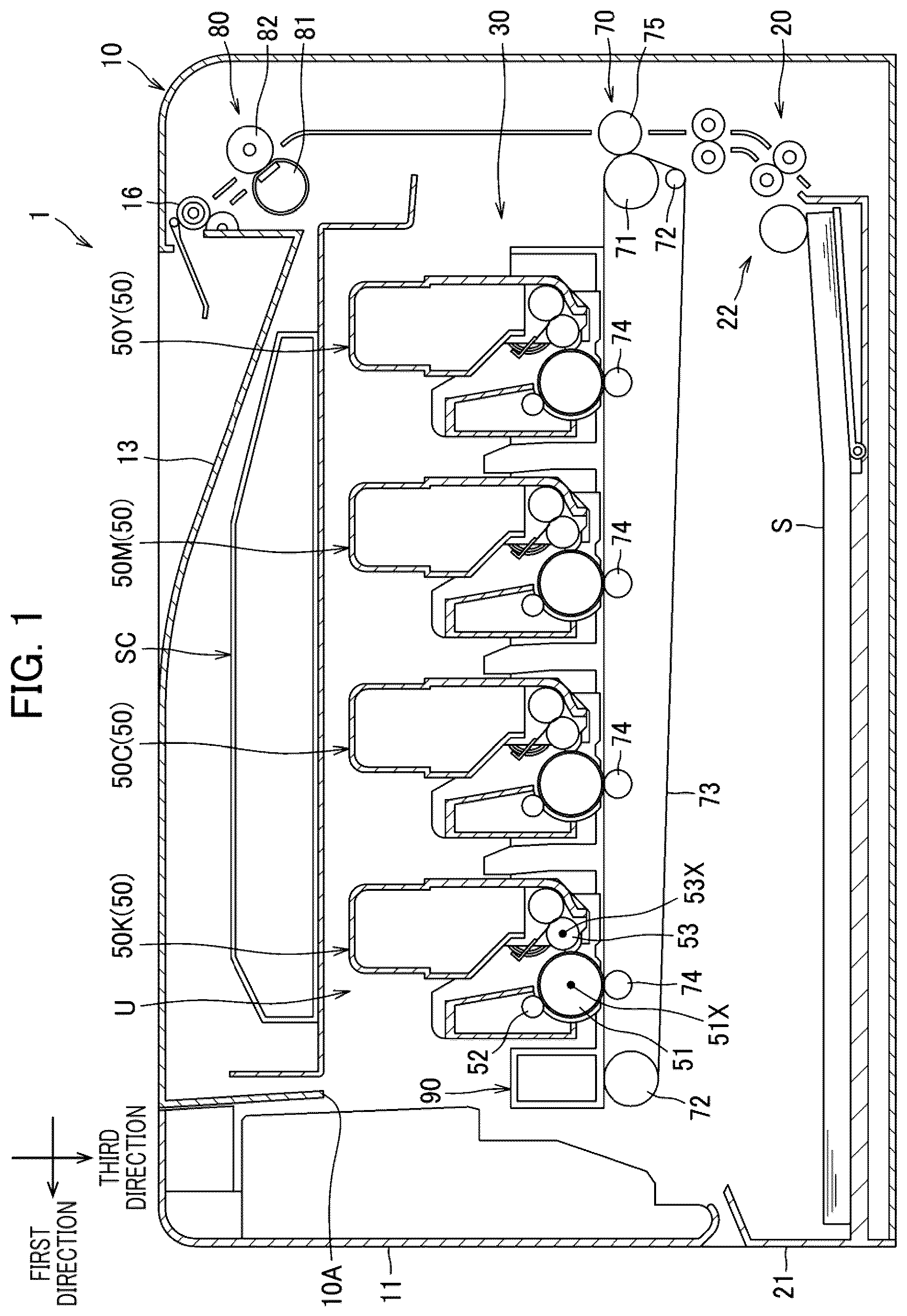 Patent US12619192 Figure 1 – Image forming apparatus including movable drawer having guide surface for guiding attachment of process cartridge
