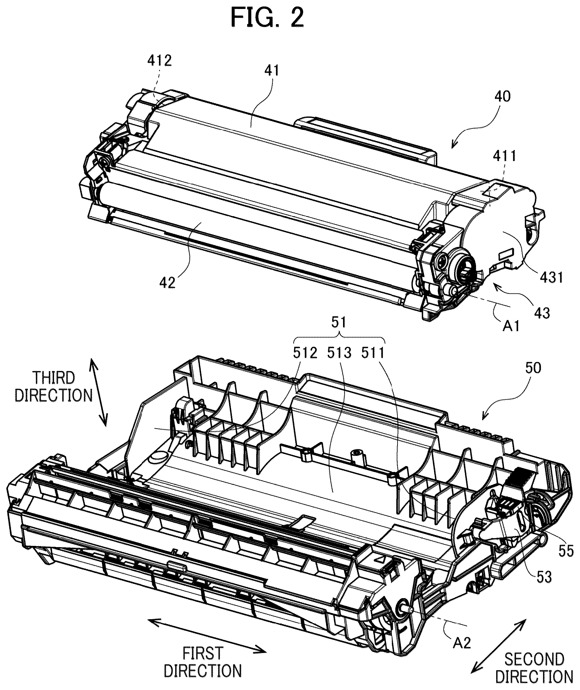 Patent US12619193 Figure 2 – Drum cartridge including movable holder having holder terminal, and relay electrode electrically connectable to holder terminal and memory of developing cartridge attached to drum frame