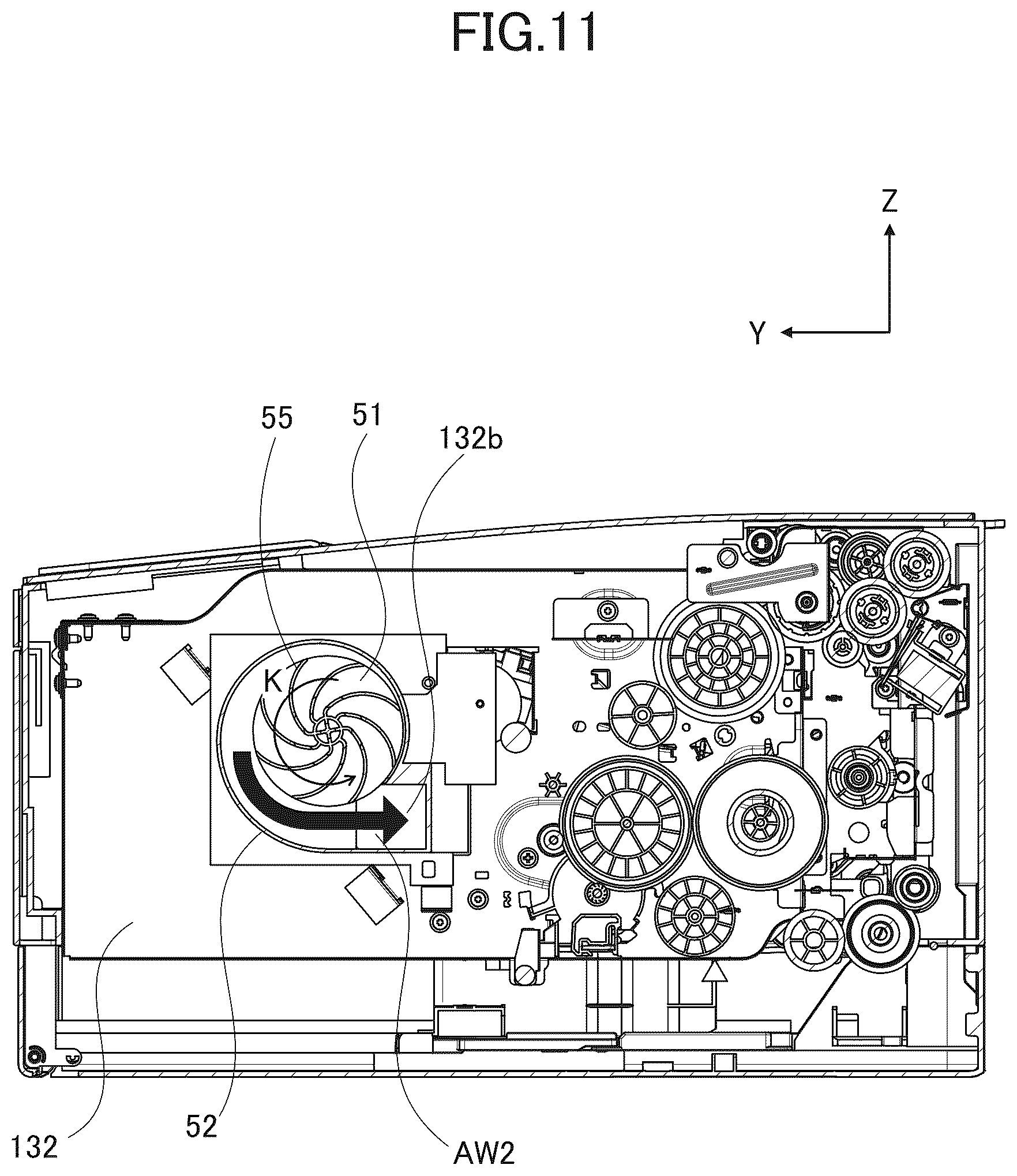 Patent US12619194 Figure 11 – Image forming apparatus having widthwisely extending exhaust fan