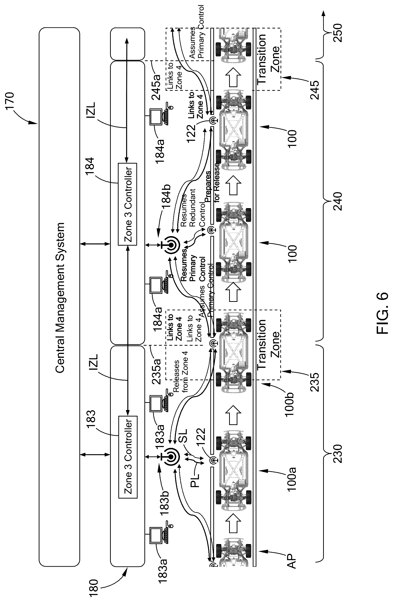 Patent US12619242 Figure 6 – Facility sensory system for monitoring, guiding, and protecting flexible modular platforms moving through an assembly line