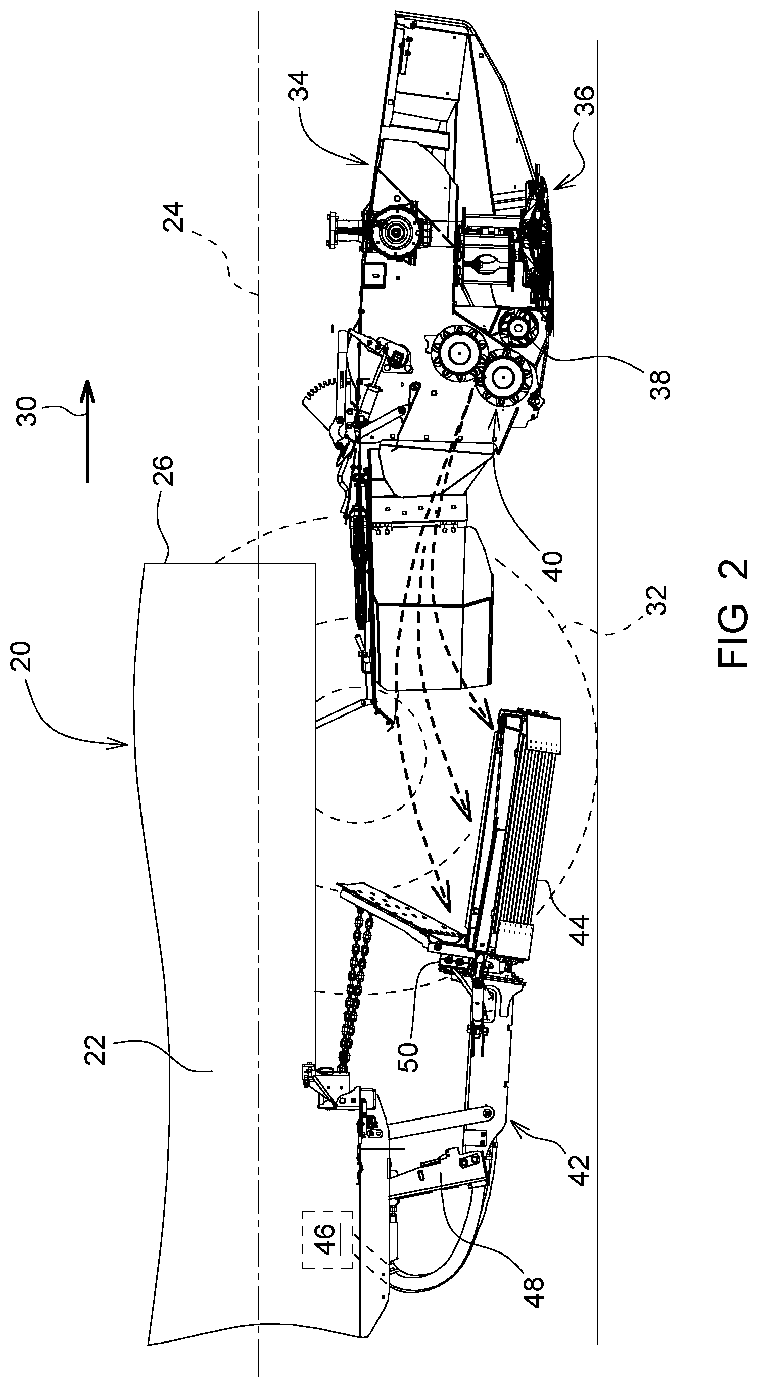 Patent US12619266 Figure 2 – Windrower implement with merger attachment