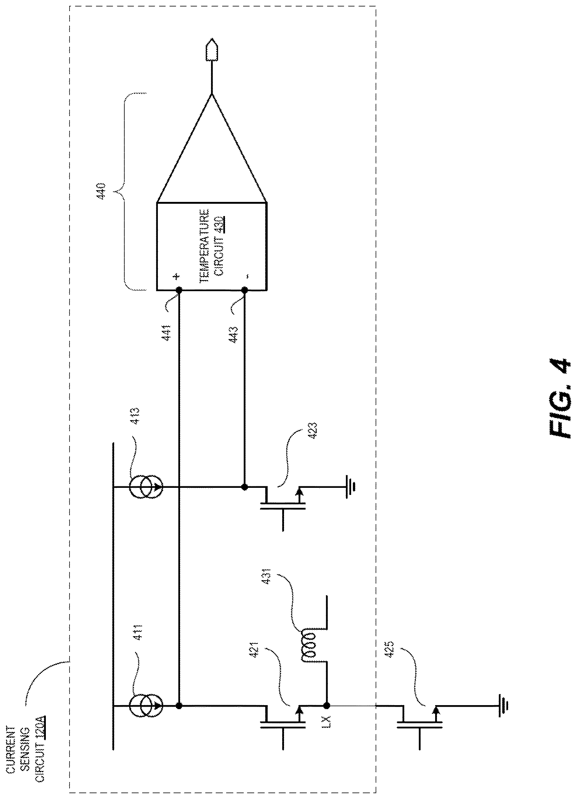 Patent US12619268 Figure 4 – Current sensing circuit with temperature coefficient compensation