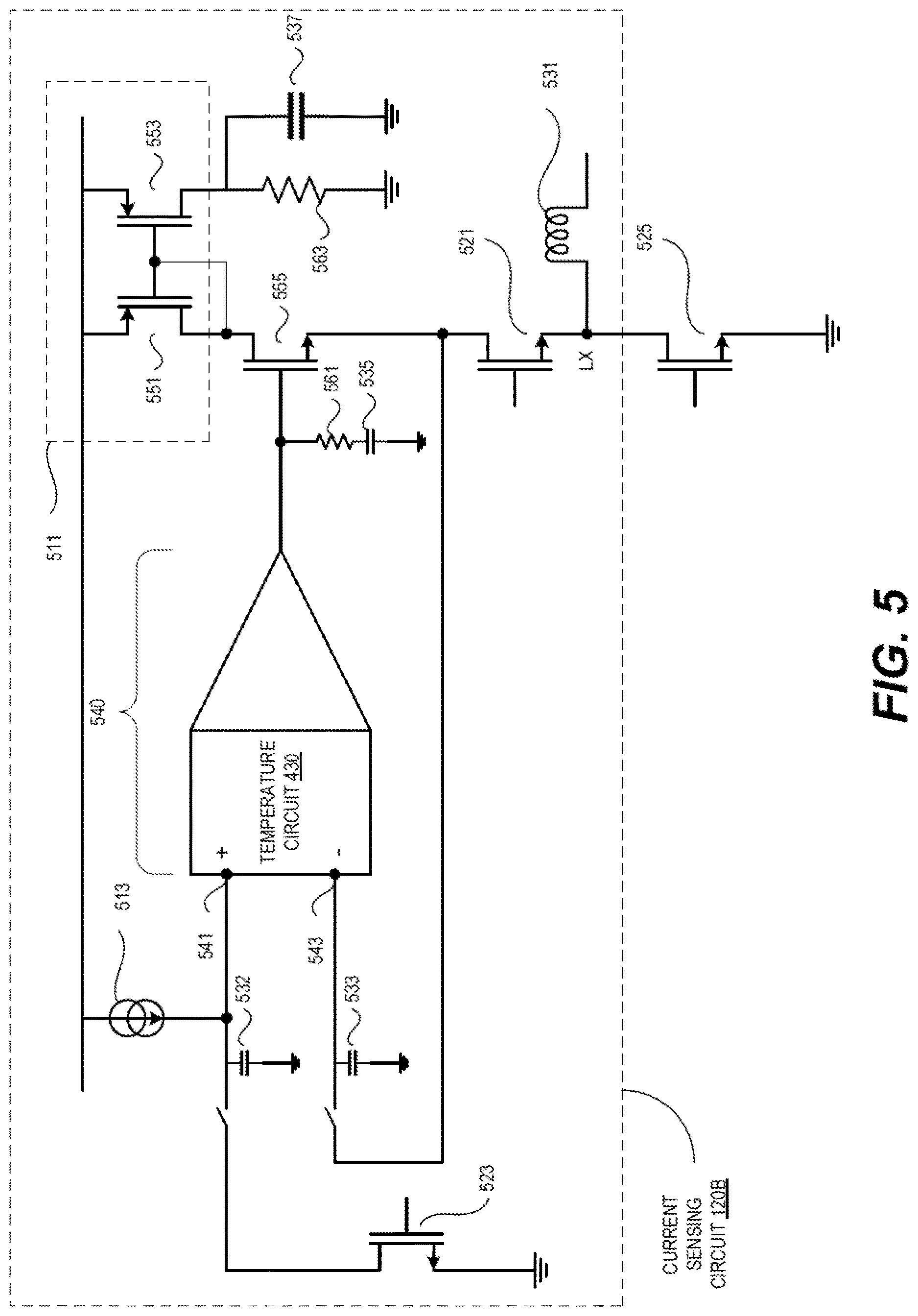 Patent US12619268 Figure 5 – Current sensing circuit with temperature coefficient compensation