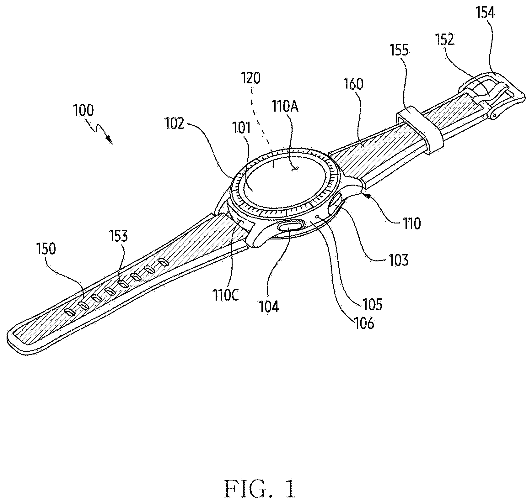 Patent US12619280 Figure 1 – Wearable electronic device comprising rigid flexible printed circuit board